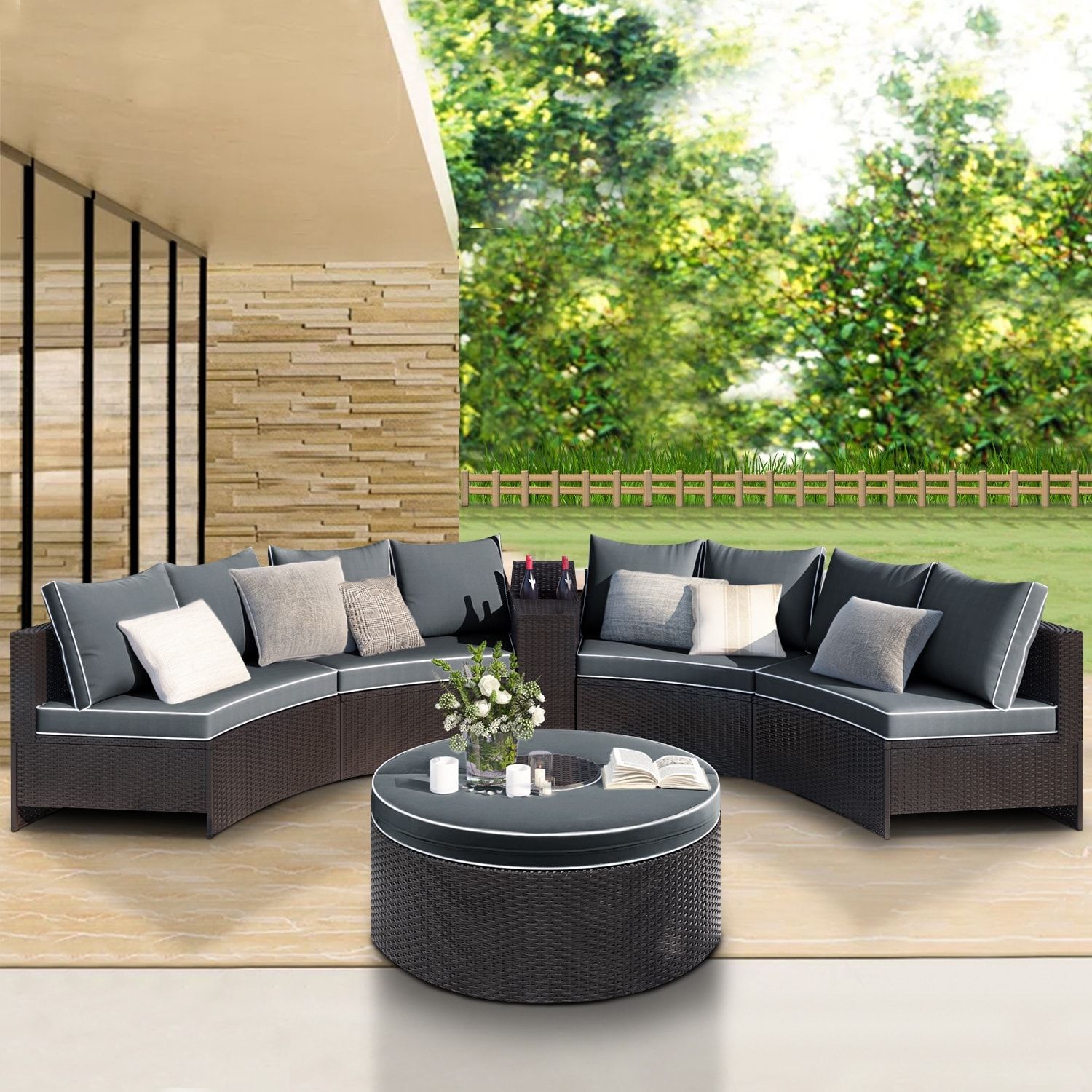 Maincraft 6 Pieces Outdoor Sectional Half Round Patio Rattan Sofa Set, Pe  Wicker Conversation Furniture Set W/ One Storage Side Table For Umbrella  And One Multifunctional Round Table, Brown+ Gray In The Intended For Outdoor Half Round Coffee Tables (Photo 8 of 15)