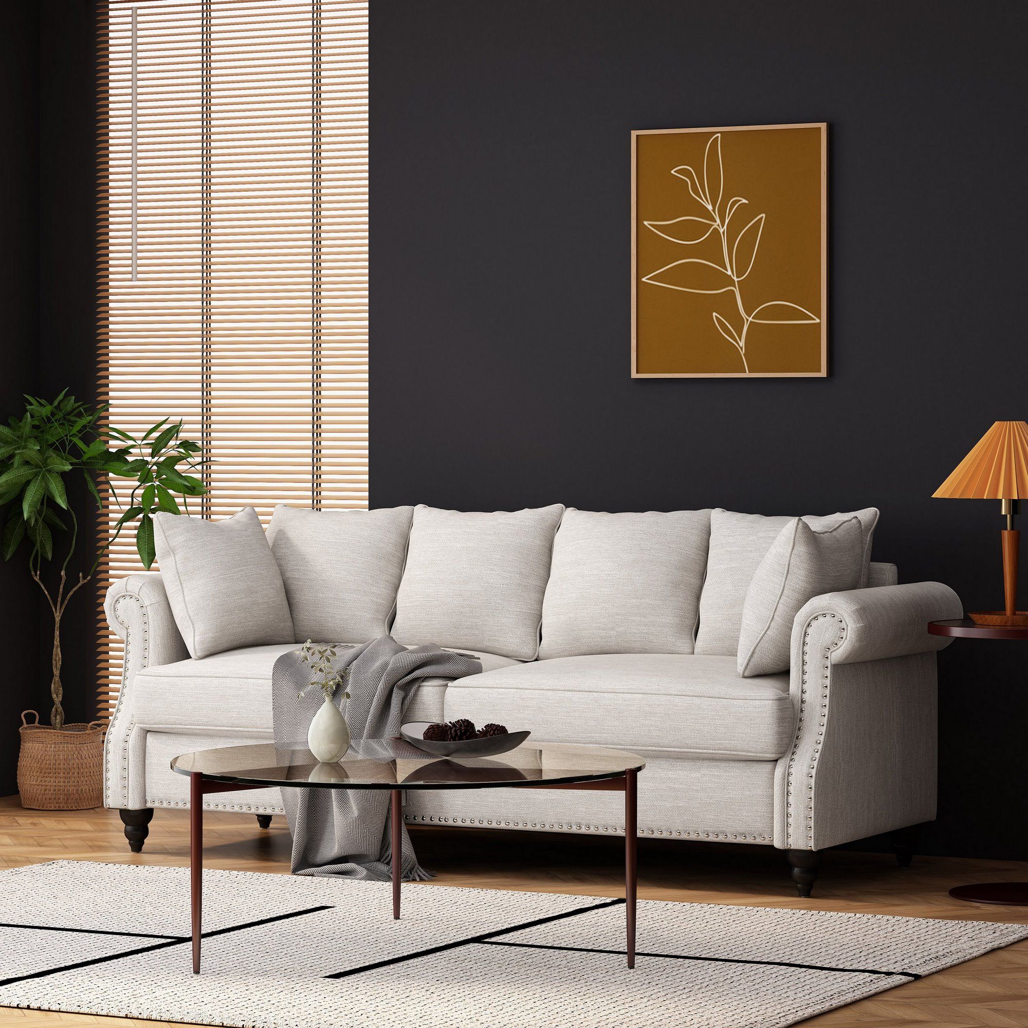 Manbow Contemporary Fabric Pillowback 3 Seater Sofa With Nailhead Trim,  Beige And Dark Brown Throughout Sofas With Pillowback Wood Bases (Photo 7 of 15)