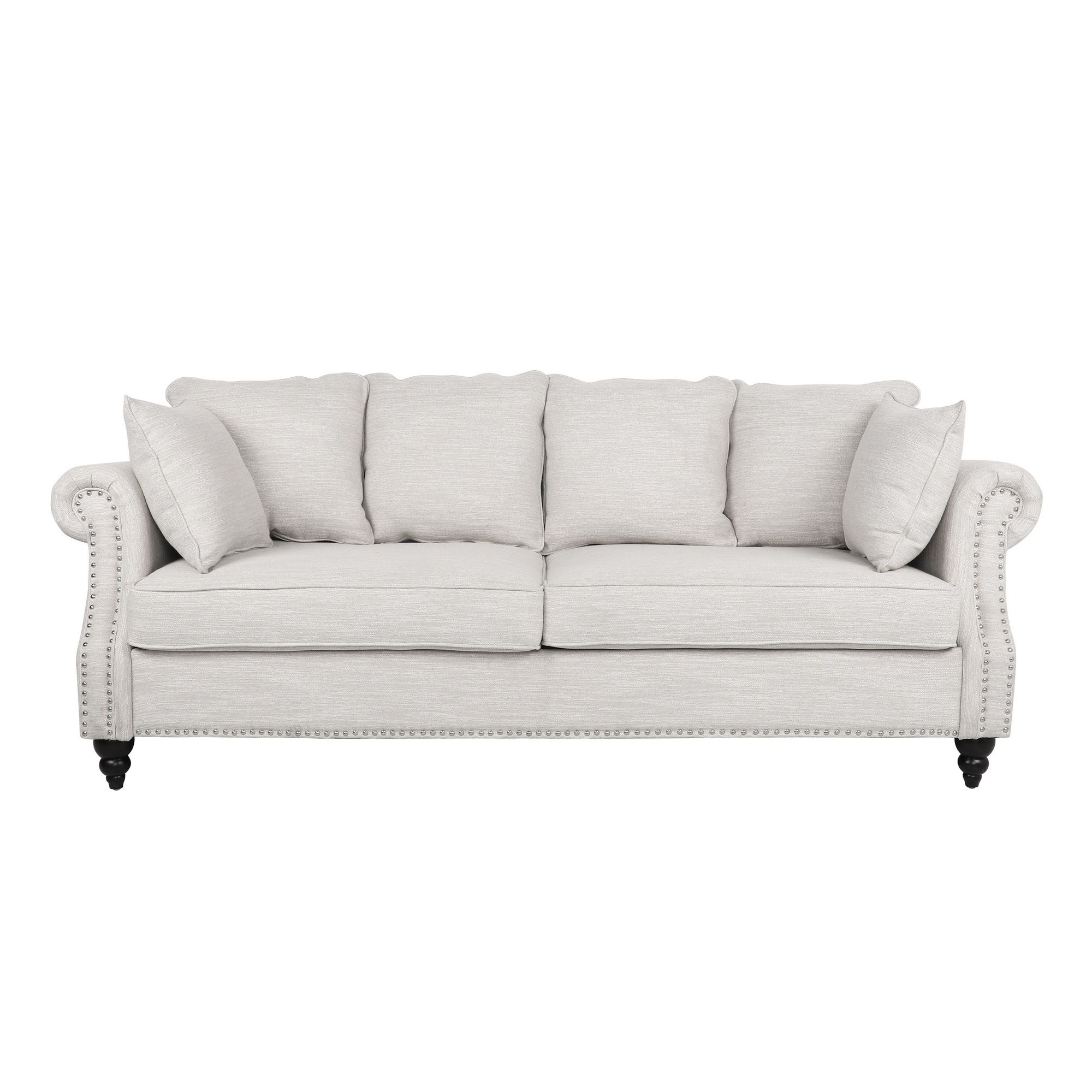 Manbow Contemporary Fabric Pillowback 3 Seater Sofa With Nailhead Trim,  Beige And Dark Brown With Sofas With Pillowback Wood Bases (View 15 of 15)