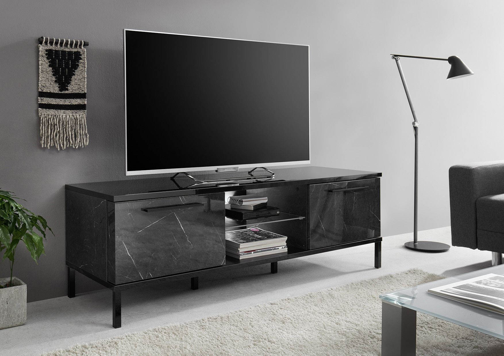 Mango 156Cm Black Marble Gloss Tv Unit With Led Lights – Tv Stands (4402) –  Sena Home Furniture Inside Black Marble Tv Stands (View 5 of 15)