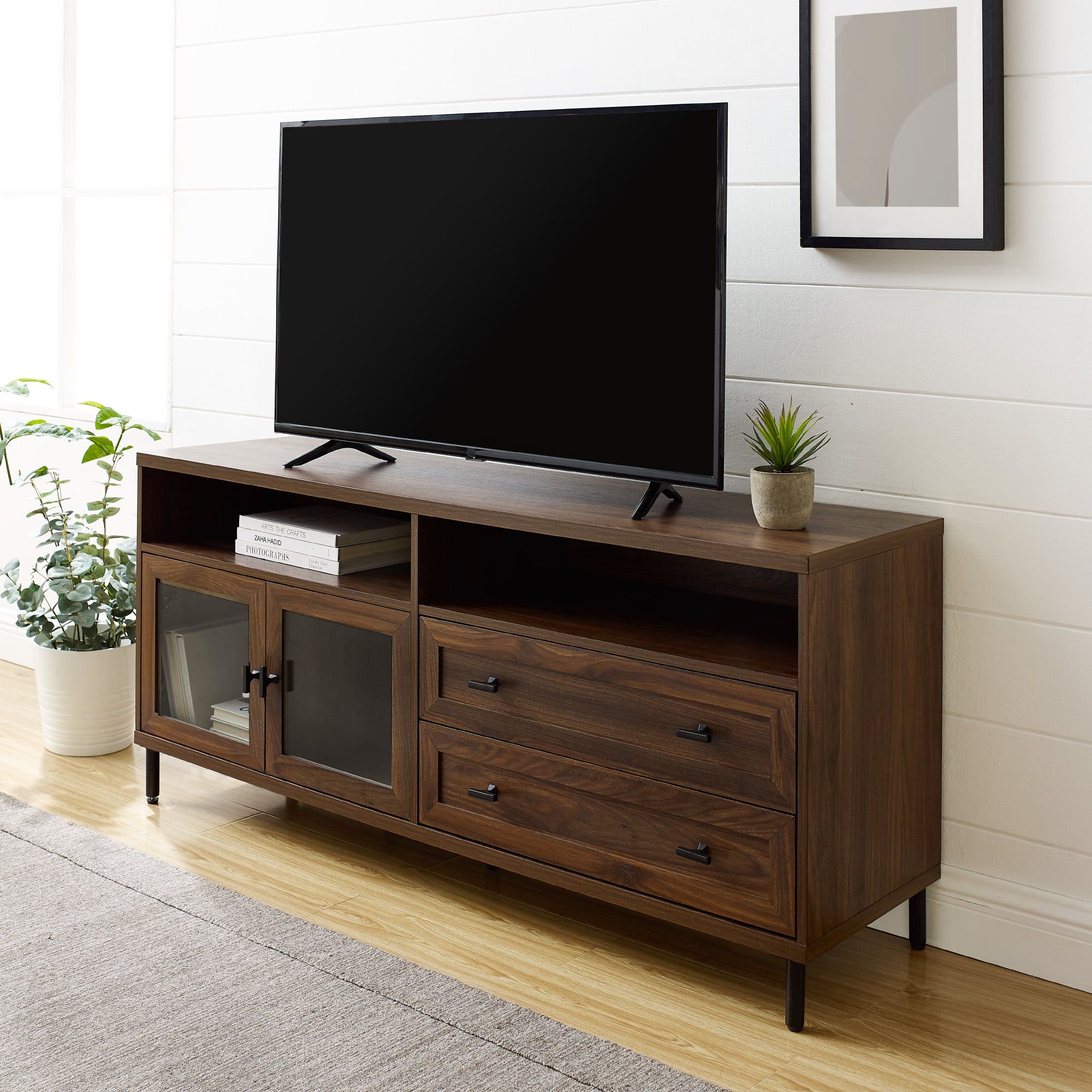 Manor Park Modern Wood And Glass Tv Stand For Tvs Up To 60", Dark Walnut –  Walmart With Regard To Walnut Entertainment Centers (View 9 of 15)