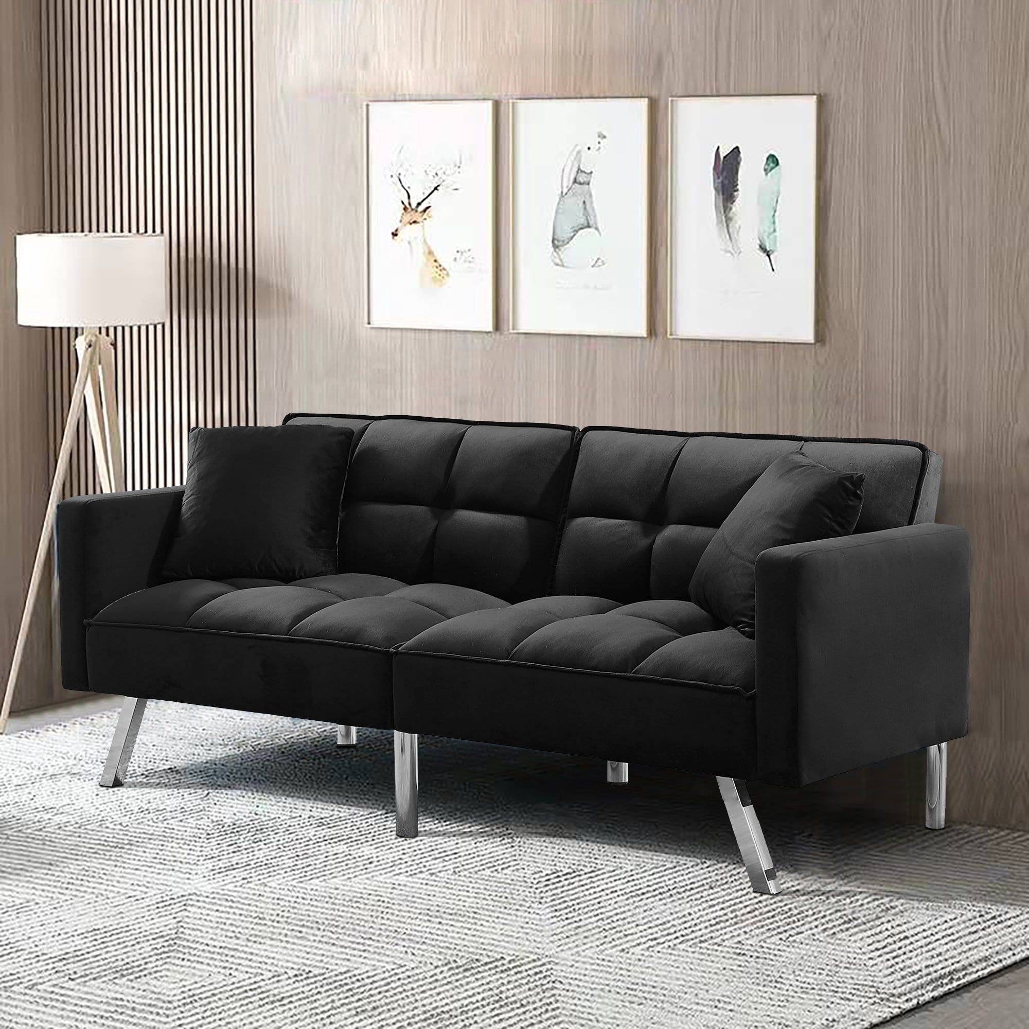 Mid Century Modern Design Velvet 2 Seater Black Sofa Bed With 2 Tufted Back  For Family Living Rooms – Bed Bath & Beyond – 39581821 With Regard To Black Velvet 2 Seater Sofa Beds (View 3 of 15)