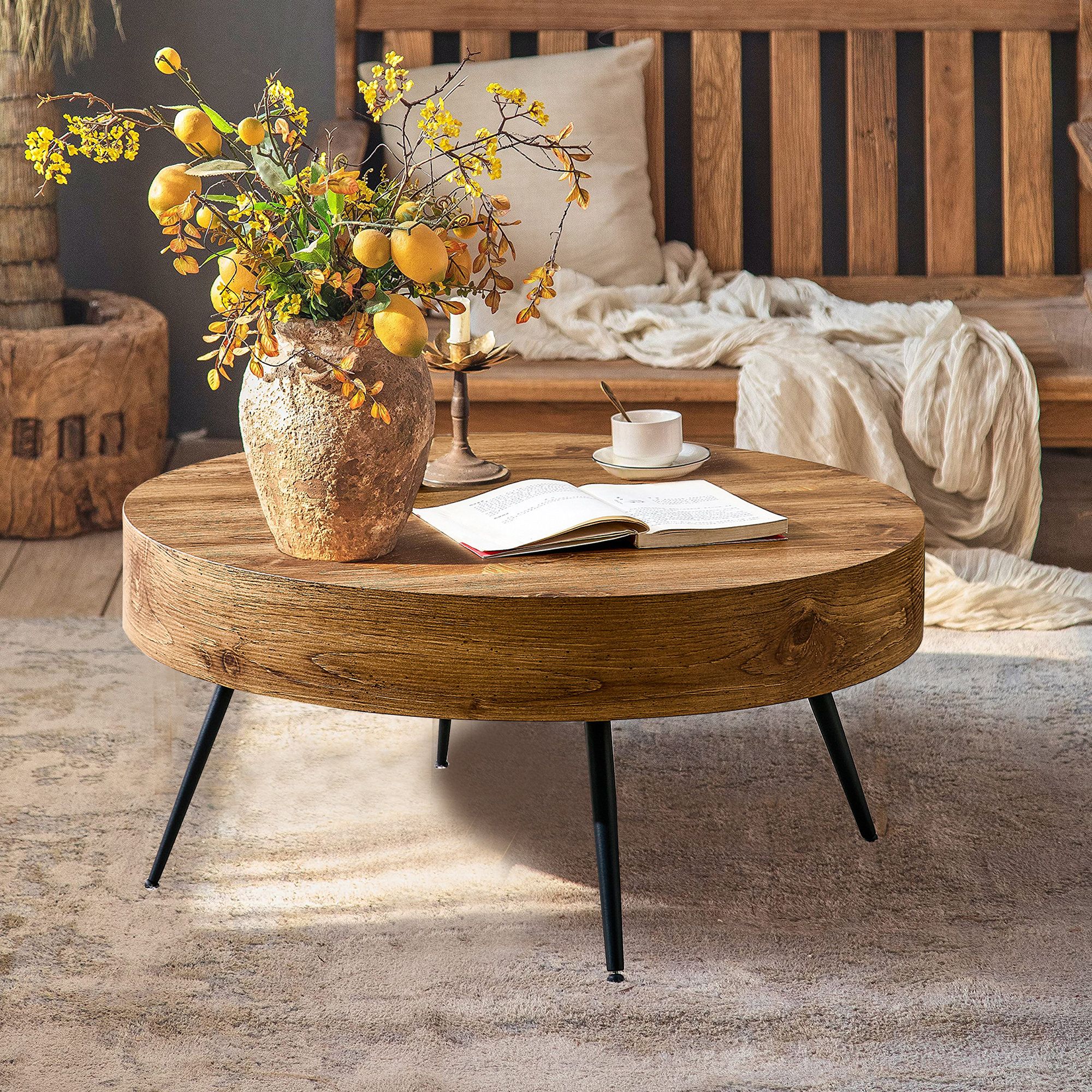 Millwood Pines Arnita Farmhouse Round Coffee Table, Cocktail Table, Modern  Circle Natural Wood Finish Side End Table | Wayfair Pertaining To Modern Farmhouse Coffee Table Sets (Photo 10 of 15)