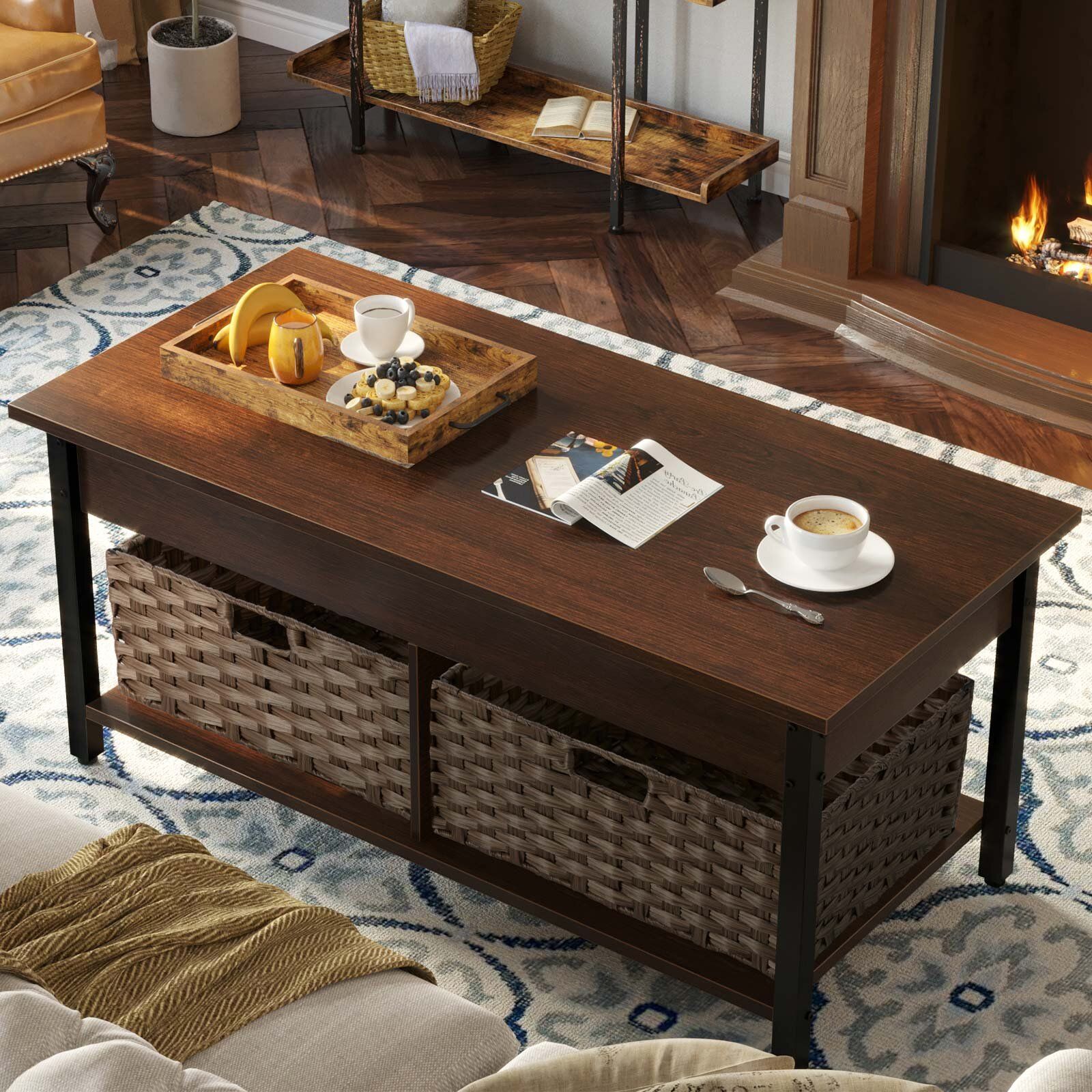 Millwood Pines Eoghan 41.7" Lift Top Coffee Table With Hidden Storage  Compartment And 2 Rattan Baskets & Reviews | Wayfair Regarding Coffee Tables With Hidden Compartments (Photo 11 of 15)