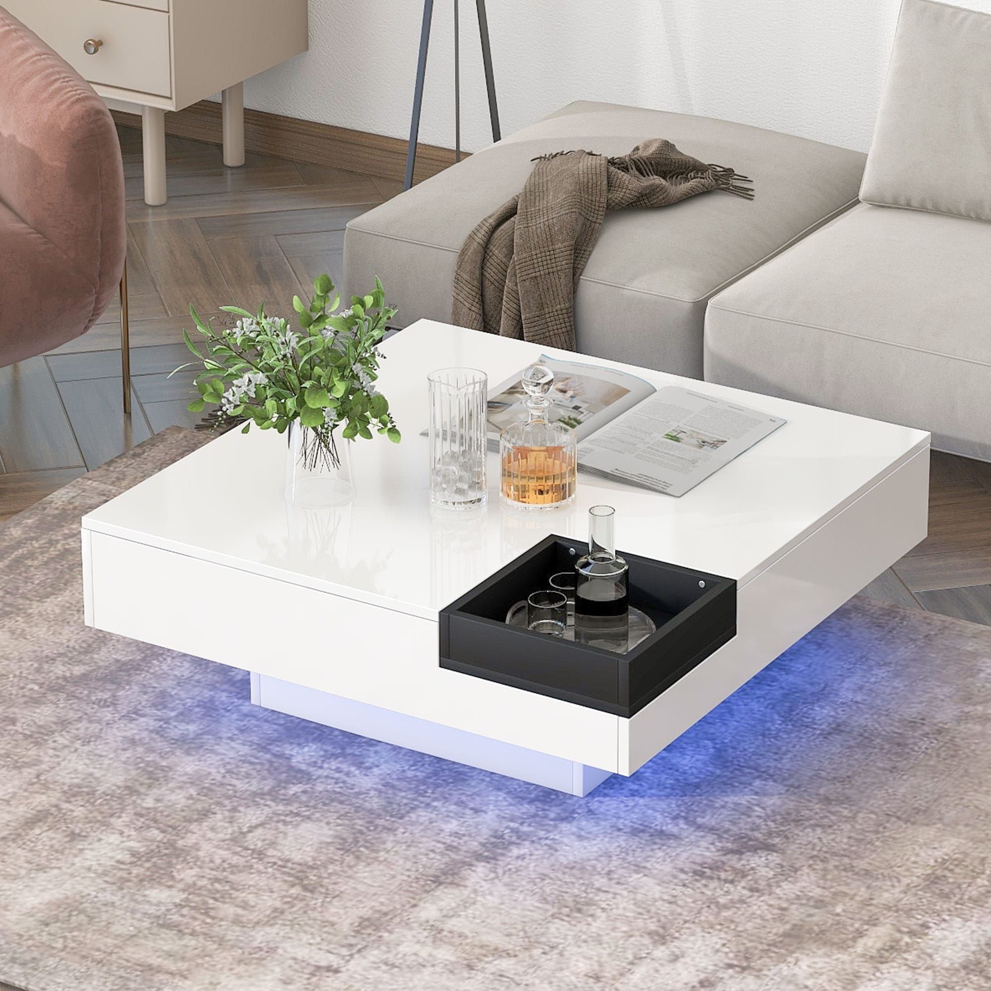Minimalist Design Square Coffee Table With Detachable Tray And Plug In  16 Color Led Strip Lights Remote Control For Living Room – Bed Bath &  Beyond – 37366809 Within Detachable Tray Coffee Tables (View 4 of 15)