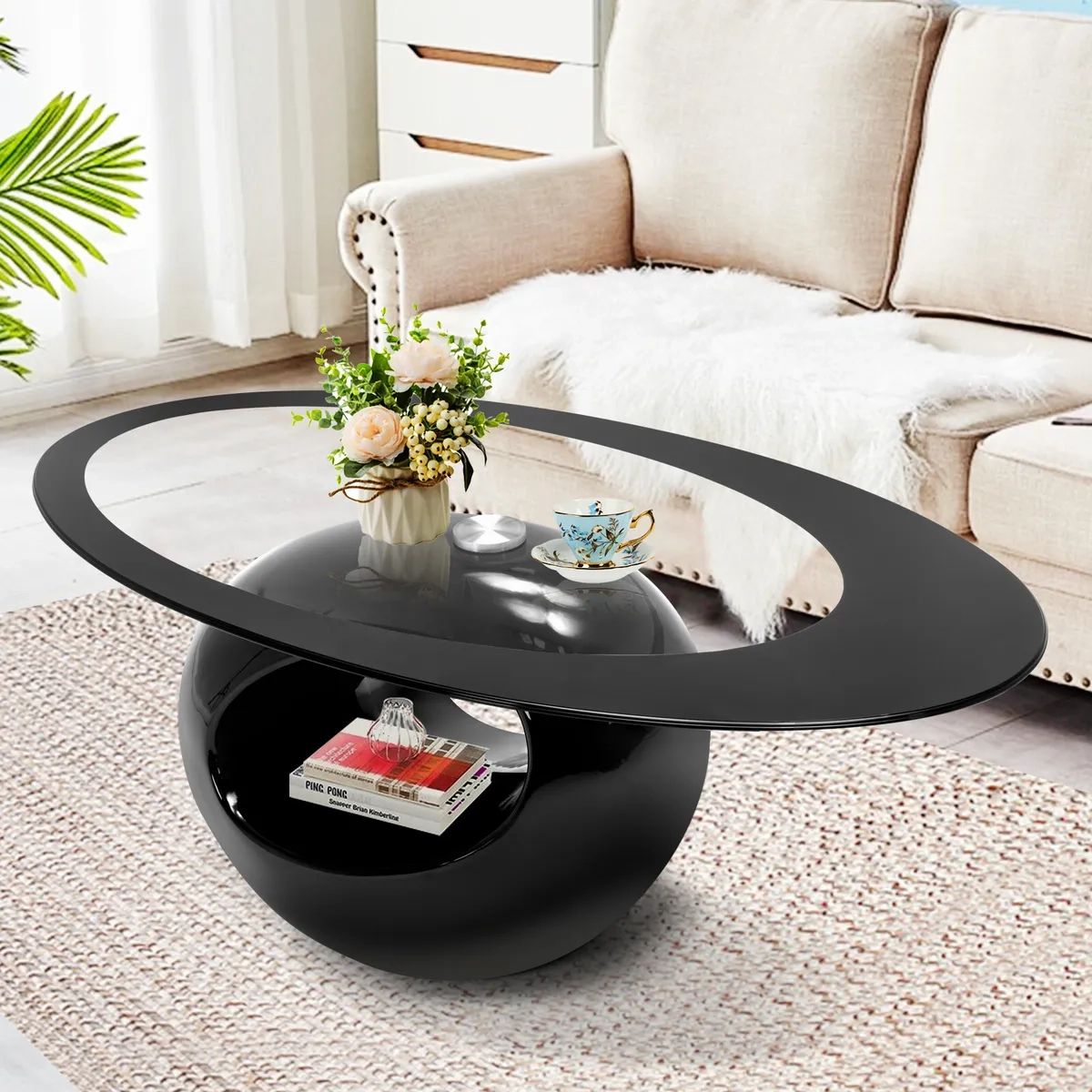Minimalistic Black High Gloss Oval Glass Coffee Table Hollow Storage Living  Room | Ebay For Oval Glass Coffee Tables (View 6 of 15)