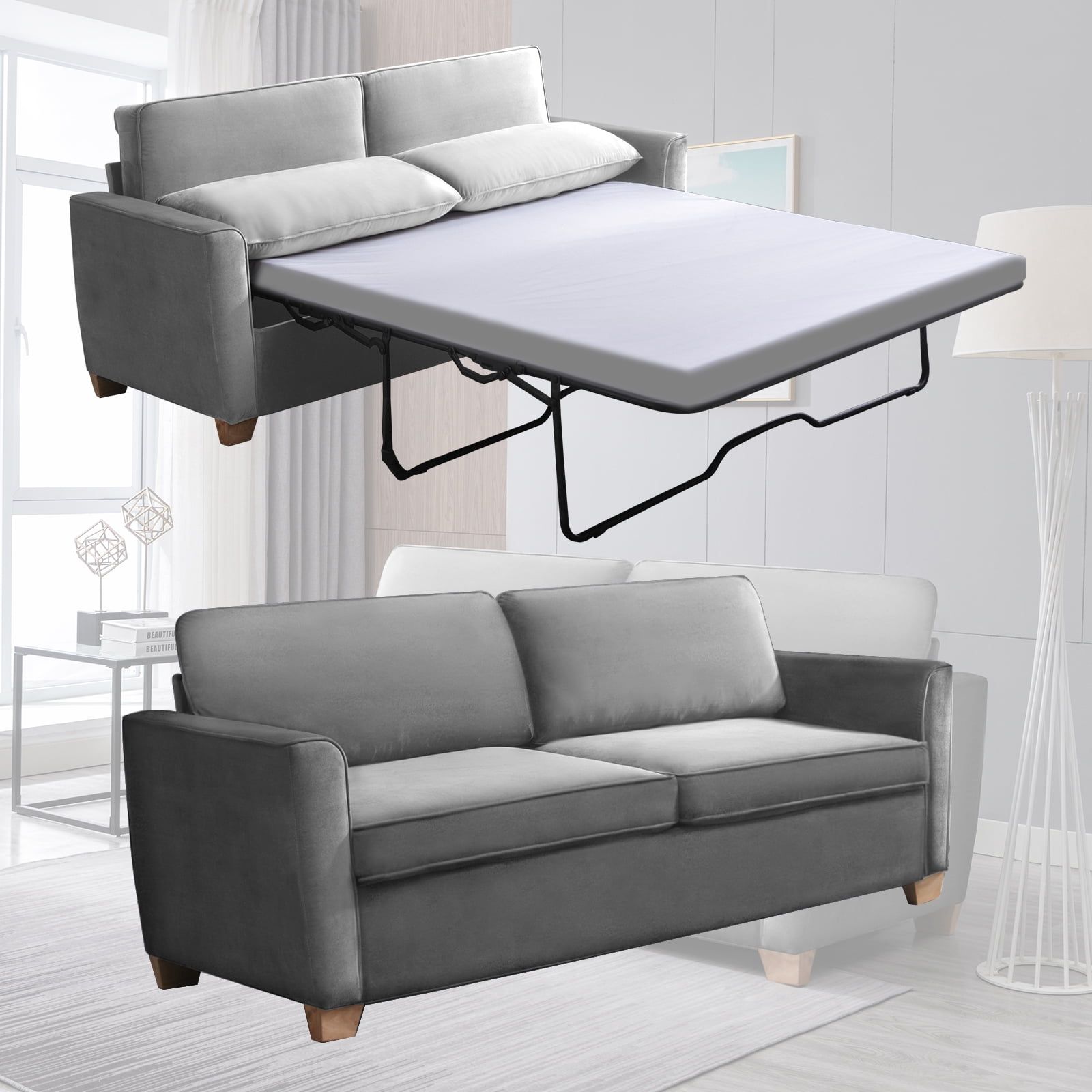 Mixoy 2 In 1 Pull Out Sofa Bed, Velvet Loveseat Sleeper Sofa Bed With  Folding Mattress, Pull Out Couch Bed Suitable For Living Room, Full Size Sofa  Sleeper For Apartment/Small Spaces (Full,Dark Grey) – In 2 In 1 Gray Pull Out Sofa Beds (Photo 6 of 15)