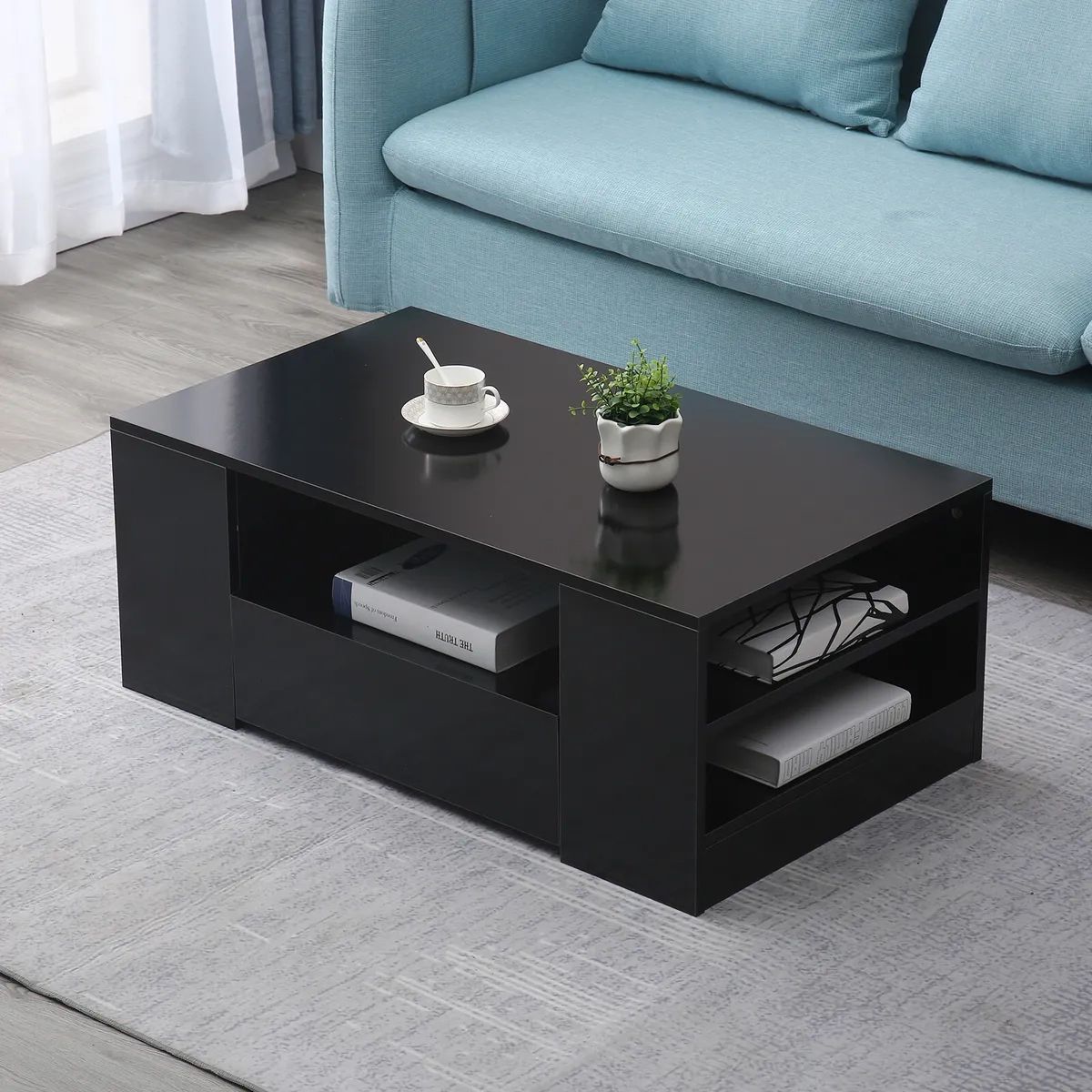 Modern Black Coffee Table High Gloss Rectangular End Table W/ 2 Drawers For  Home | Ebay For High Gloss Black Coffee Tables (Photo 7 of 15)