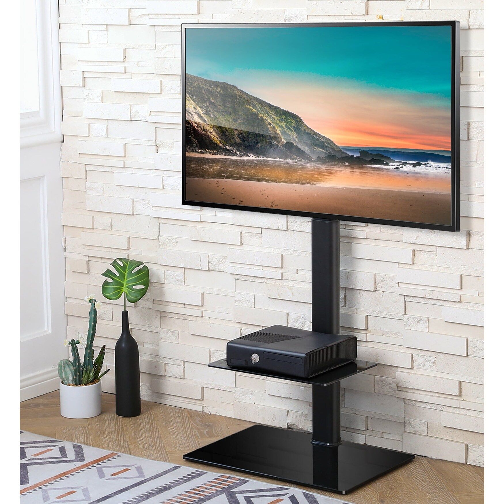 Modern Black Floor Tv Stand For Tvs Up To 60", Universal Swivel Mount – Bed  Bath & Beyond – 37250658 Intended For Universal Floor Tv Stands (Photo 7 of 15)