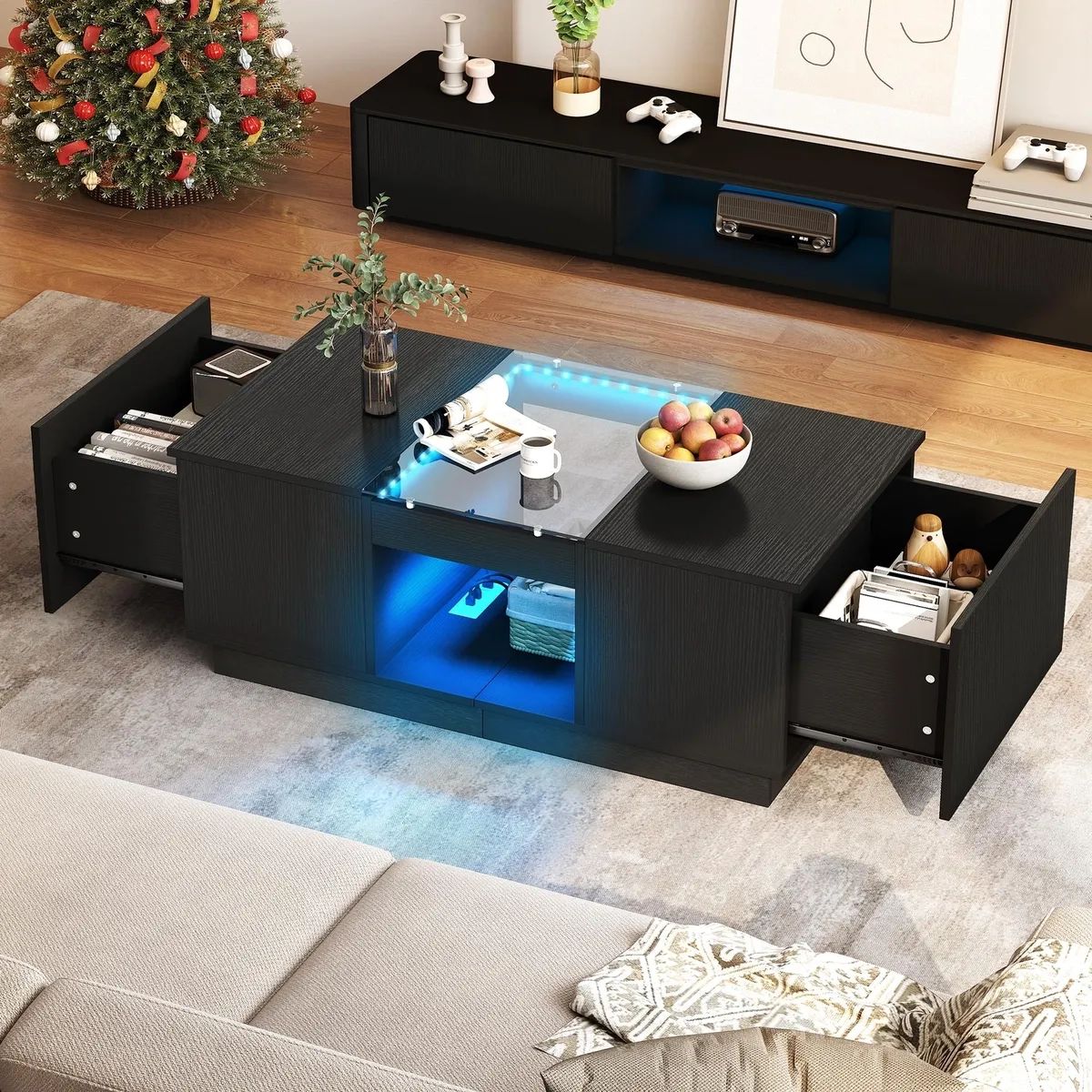Modern Coffee Table 2 Drawers With Charging Station And Led Lights End Table  | Ebay With Regard To Coffee Tables With Drawers And Led Lights (Photo 7 of 15)