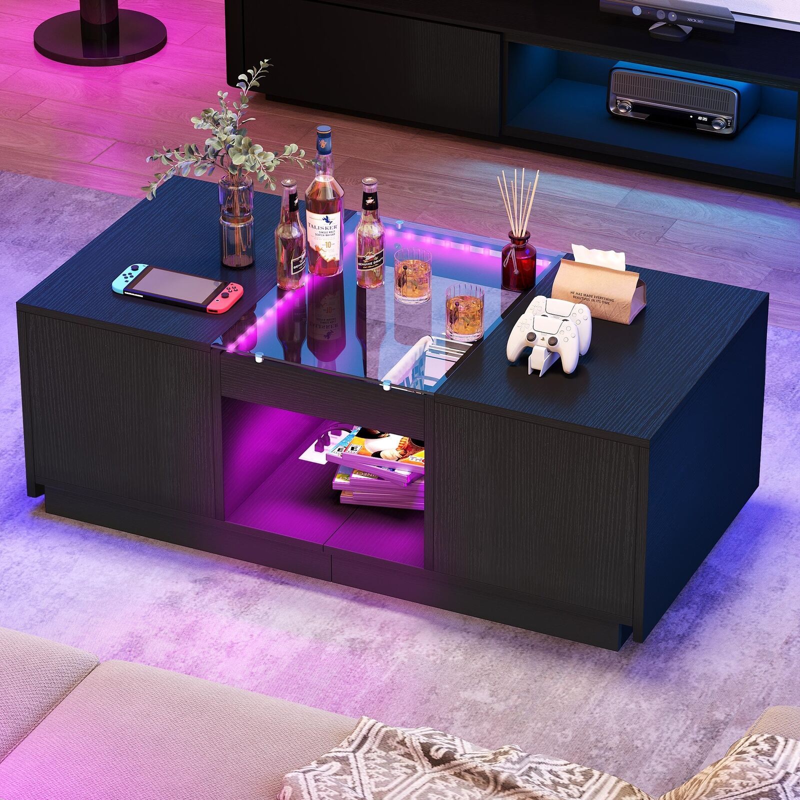 Modern Coffee Table 2 Drawers With Charging Station And Led Lights End Table  | Inox Wind Regarding Coffee Tables With Drawers And Led Lights (View 12 of 15)