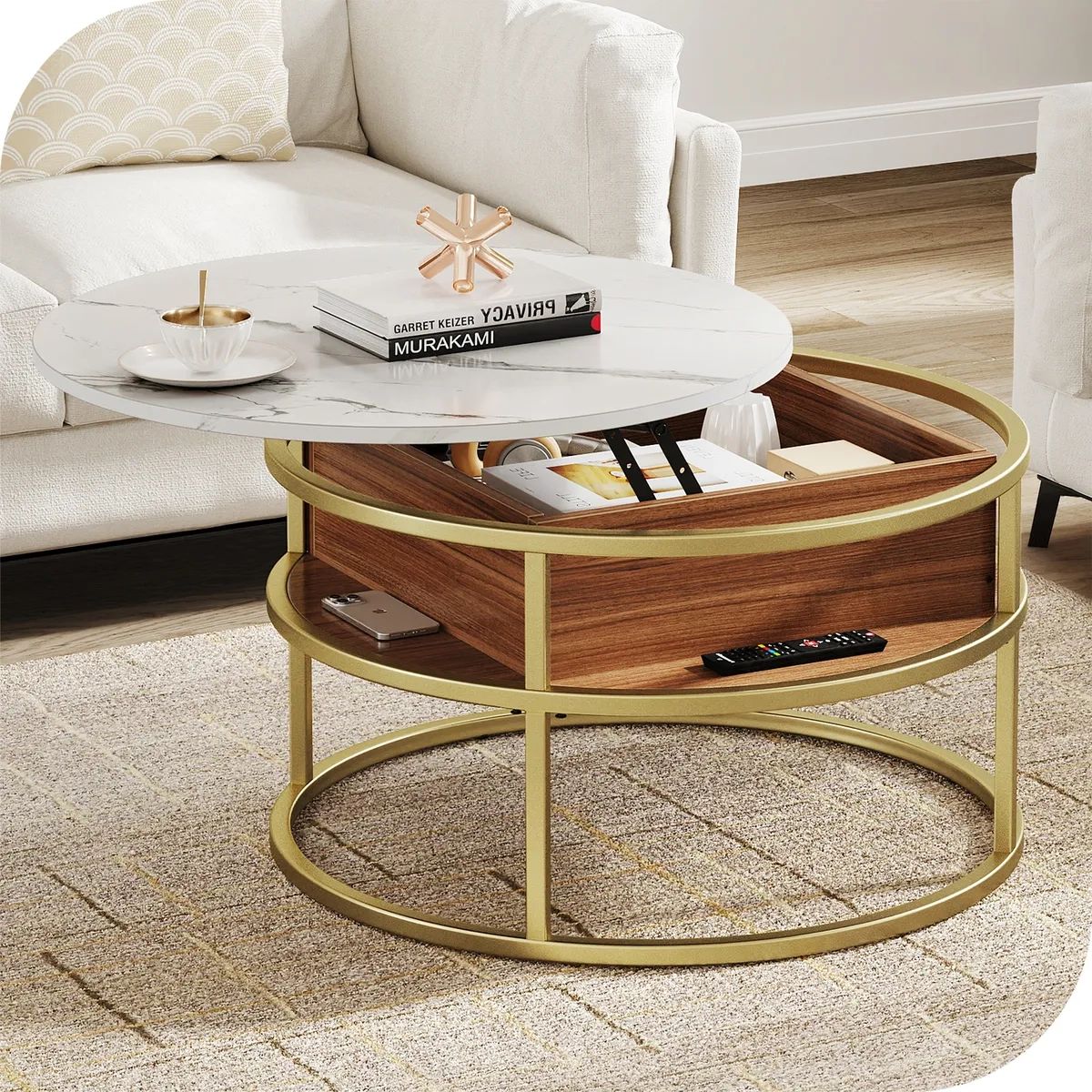 Modern Coffee Table Round Lift Top With Hidden Compartment Wooden Center  Table | Ebay Throughout Modern Coffee Tables With Hidden Storage Compartments (View 8 of 15)