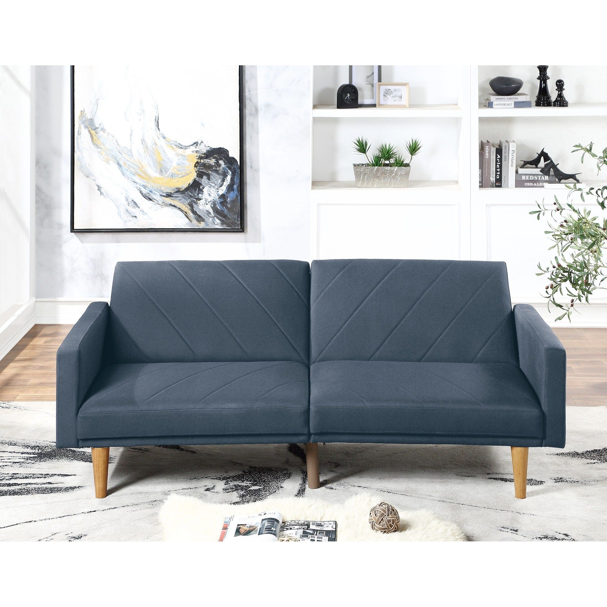 Modern Electric Look 1Pc Convertible Sofa Couch Navy Color Linen Like  Fabric Cushion Wooden Legs Living Room – Bed Bath & Beyond – 35204646 Inside Navy Sleeper Sofa Couches (Photo 3 of 15)