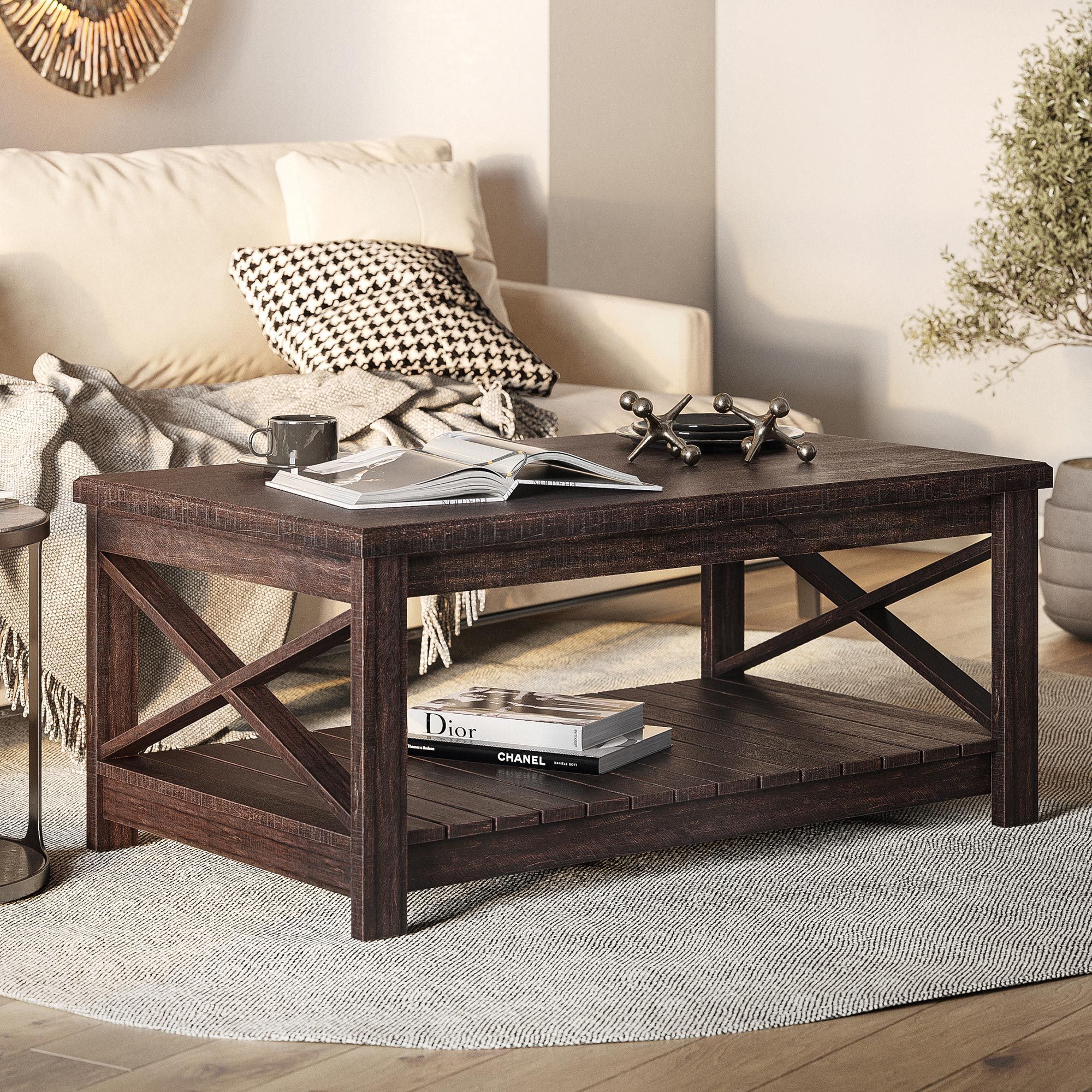 Modern Farmhouse Industrial Style Coffee Table With Storage Shelf, 2 Colors  | Ebay In Modern Farmhouse Coffee Table Sets (View 9 of 15)
