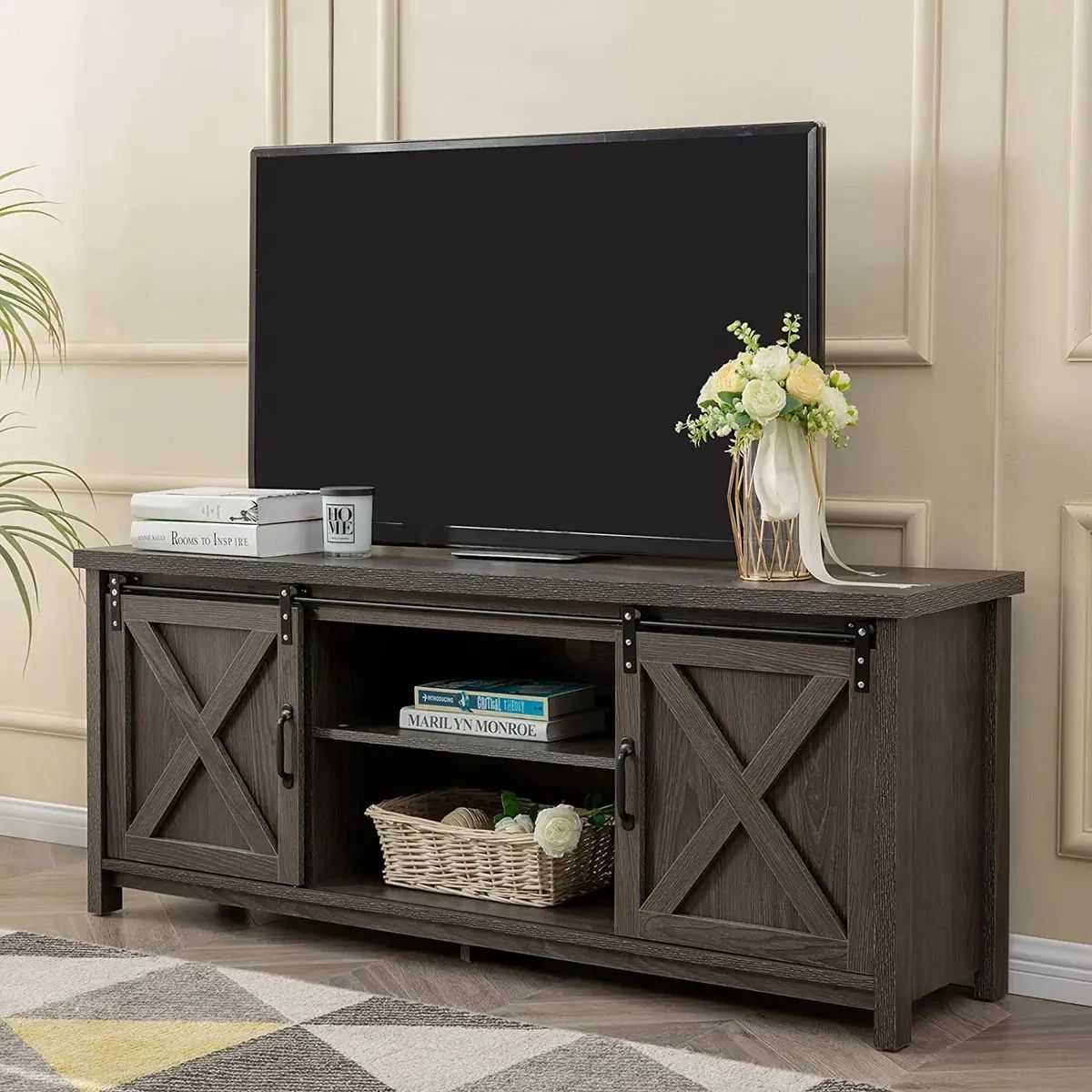 Modern Farmhouse Tv Stand With Sliding Barn Doors, Media Entertainment  Center Co | Ebay Intended For Barn Door Media Tv Stands (View 3 of 15)