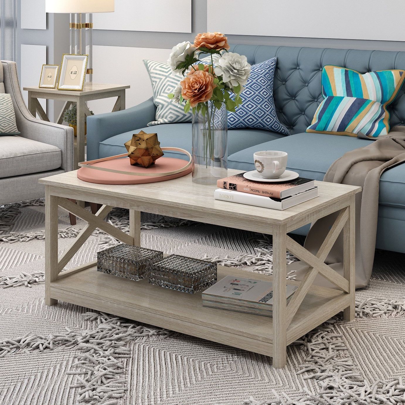 Modern Farmhouse Wood Coffee Table With 2 Tier Storage, 40 Inch, White Oak  – Walmart With Modern Farmhouse Coffee Table Sets (View 3 of 15)