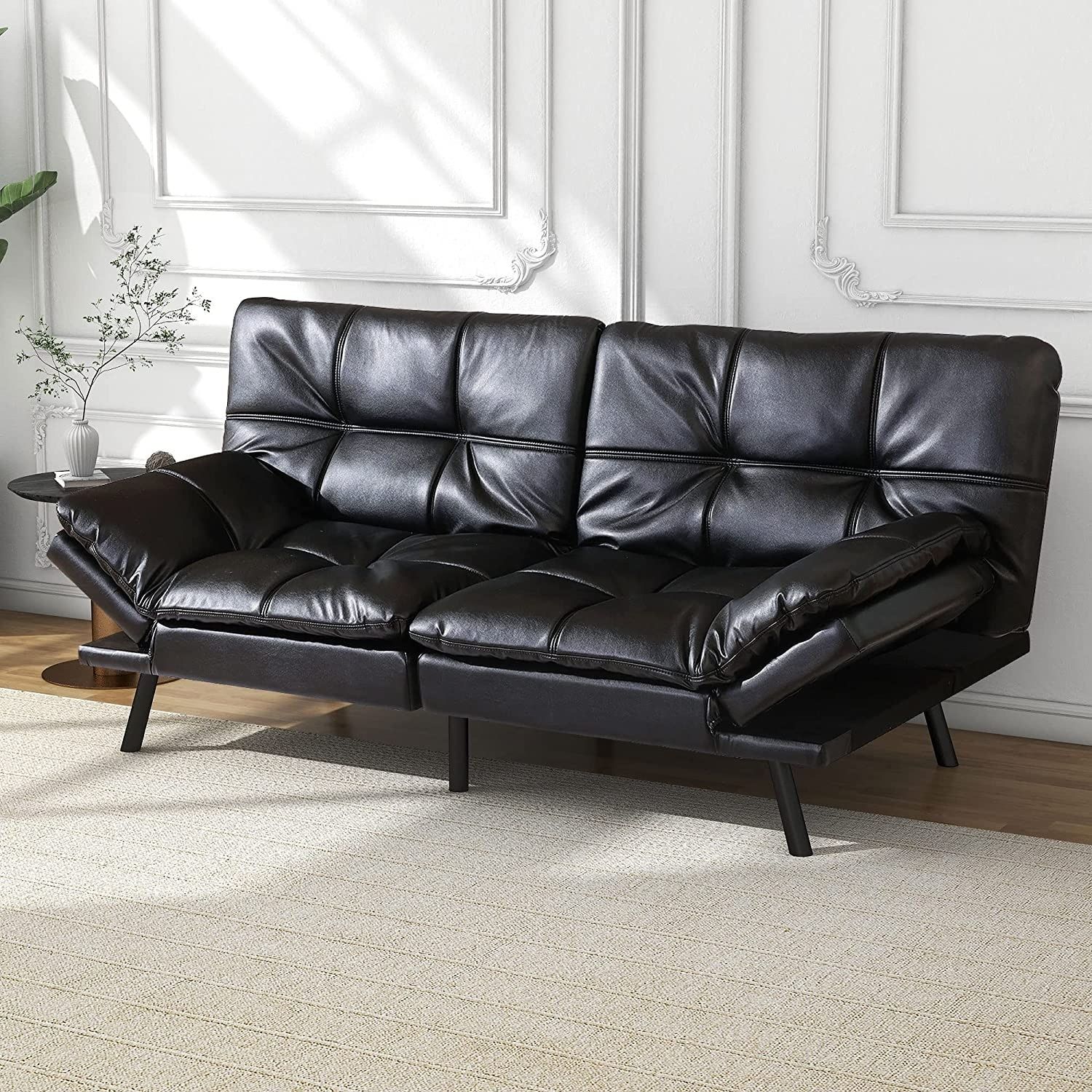 Modern Faux Leather Futon With Memory Foam And Adjustable Armrests. – On  Sale – Bed Bath & Beyond – 37174381 Within Black Faux Suede Memory Foam Sofas (Photo 7 of 15)