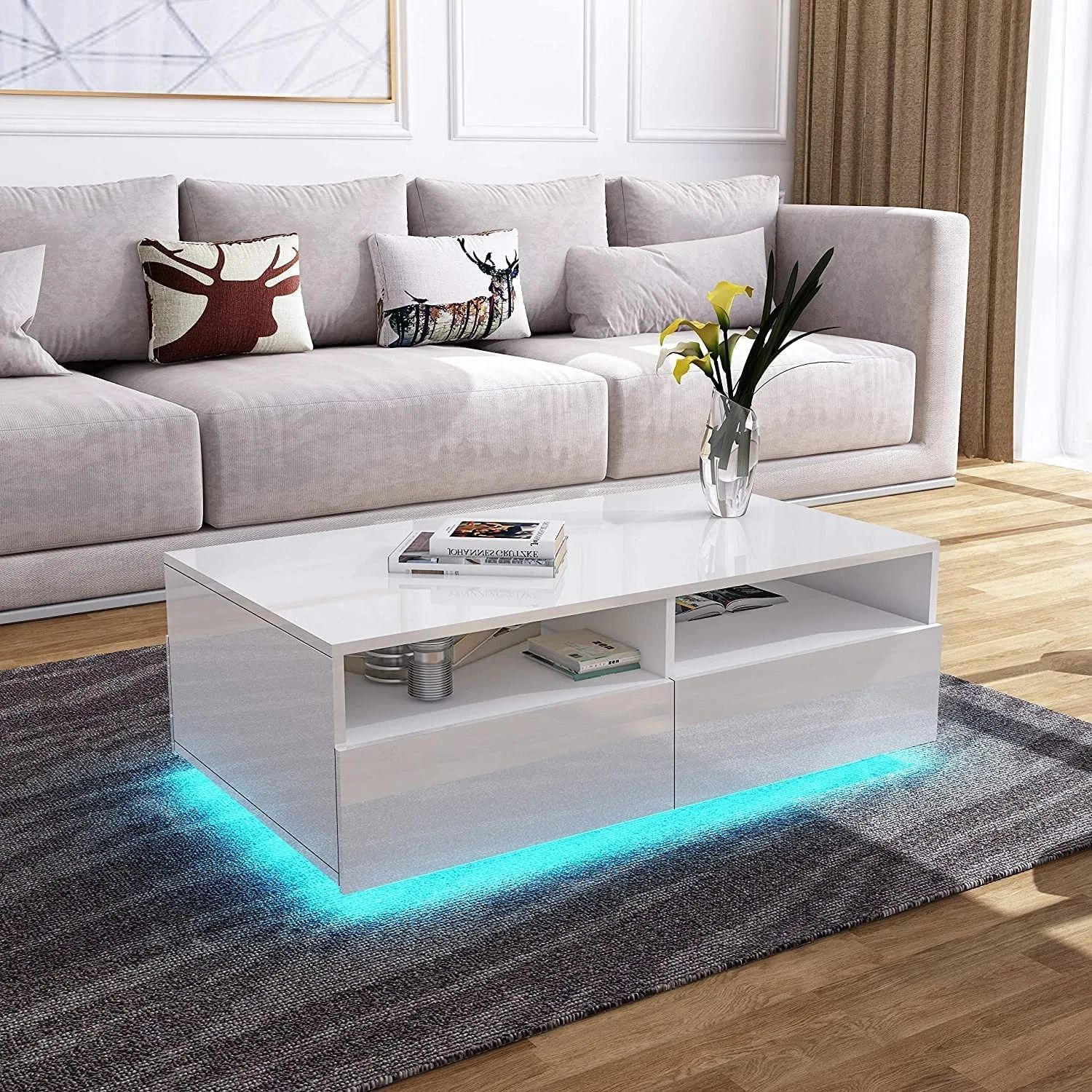 Modern Glossy Rectangle Design White Coffee Table With 4 Drawers Living  Room Furniture – China Coffee Table, Side Table | Made In China Regarding Coffee Tables With Drawers And Led Lights (Photo 14 of 15)