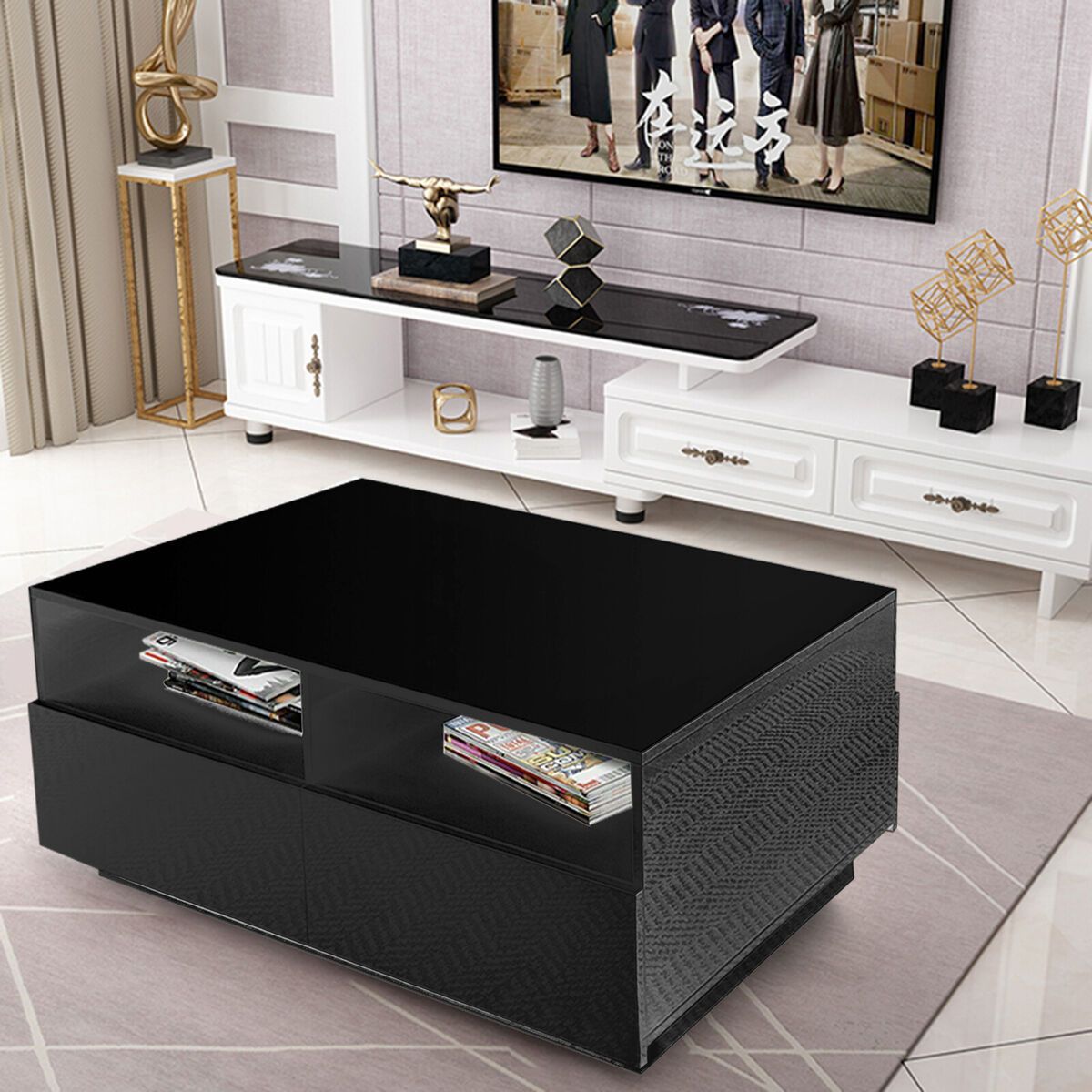 Modern Led Coffee Table High Gloss End Table 4 Drawers Living Room Furniture  | Ebay Pertaining To Led Coffee Tables With 4 Drawers (Photo 12 of 15)