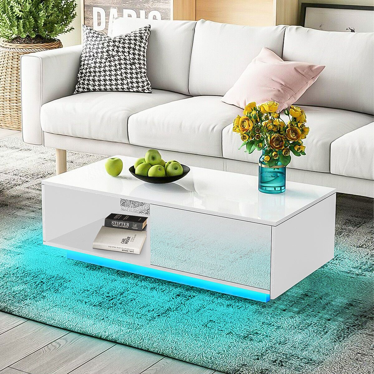 Modern Led Coffee Table High Glossy Rectangle Center Table With Storage  Drawers | Ebay With Regard To Rectangular Led Coffee Tables (View 6 of 15)