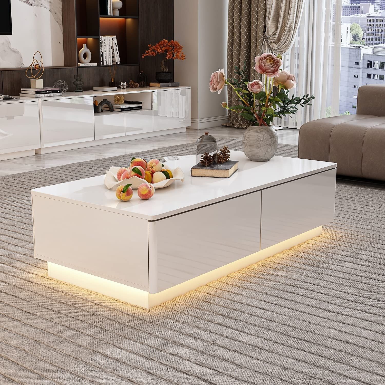 Modern Led Coffee Table With Drawers, High Glossy Rectangle Coffee Center  Table With Warm Light For Living Room – As Picture – Bed Bath & Beyond –  37782034 For Rectangular Led Coffee Tables (Photo 12 of 15)