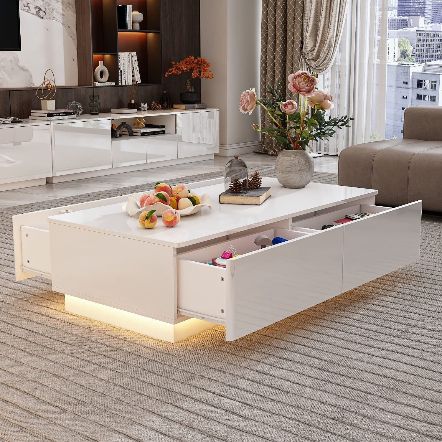 Modern Led Coffee Table With Drawers, High Glossy Rectangle Coffee Center  Table With Warm Light For Living Room – As Picture – Bed Bath & Beyond –  37782034 With Regard To Led Coffee Tables With 4 Drawers (Photo 15 of 15)