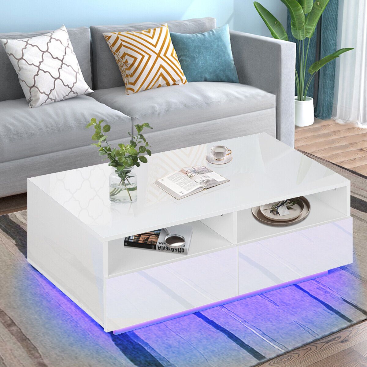 Modern Led High Gloss Coffee Table 4 Drawers Living Room End Table With |  Ebay Intended For Led Coffee Tables With 4 Drawers (Photo 7 of 15)