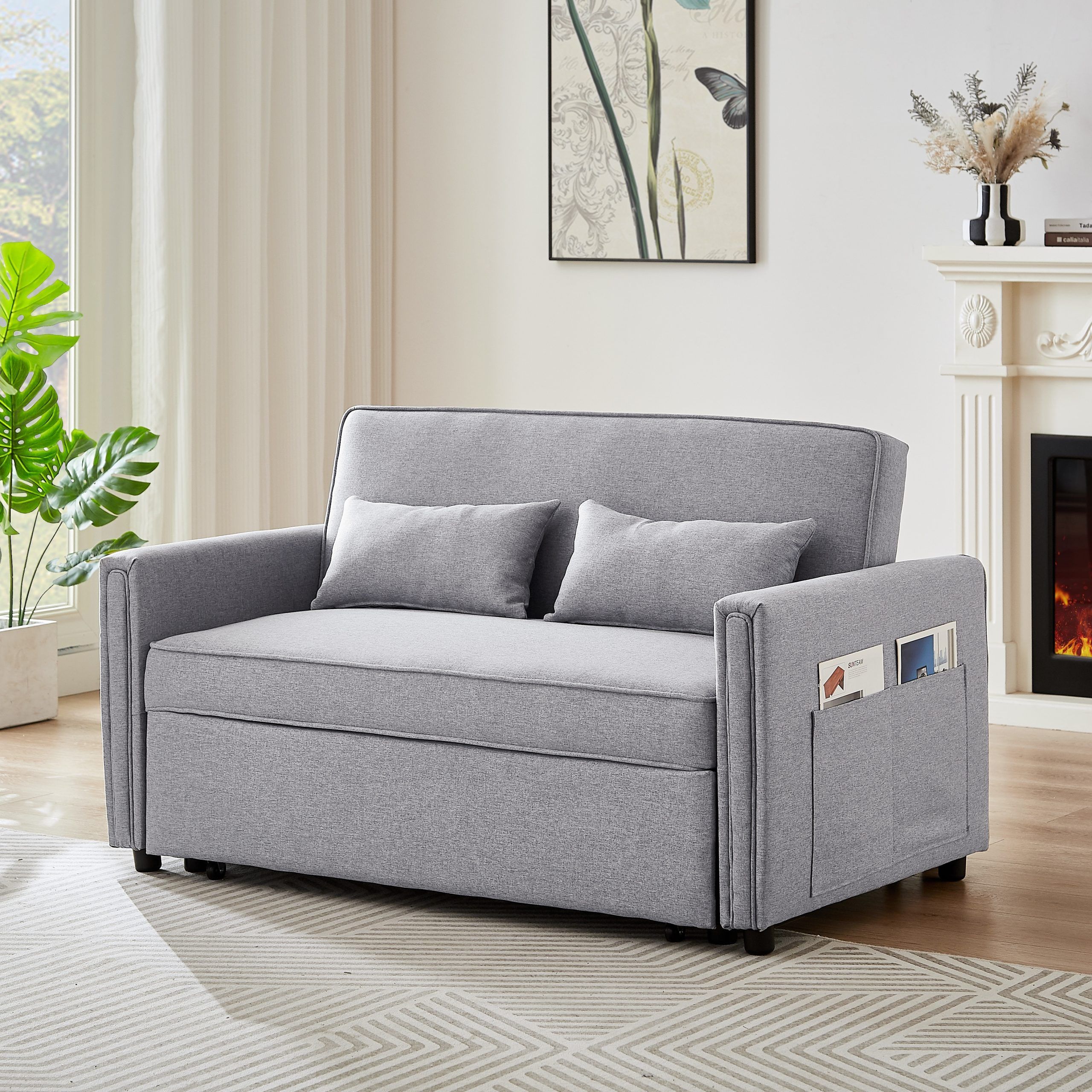 Modern Linen Convertible Loveseat Sleeper Sofa Couch With Adjustable  Backrest, Pull Out Bed And 2 Lumbar Pillows, Grey – Bed Bath & Beyond –  38373427 For Convertible Gray Loveseat Sleepers (View 4 of 15)