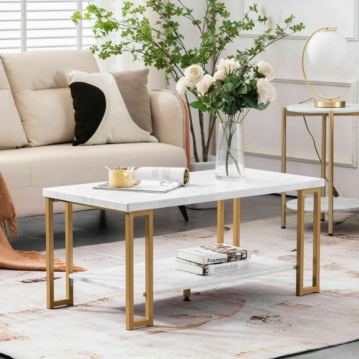 Modern Living Room Rectangle Coffee Table White Faux Marble Top &Gold Base  Shelf | Ebay Pertaining To Rectangular Coffee Tables With Pedestal Bases (View 5 of 15)