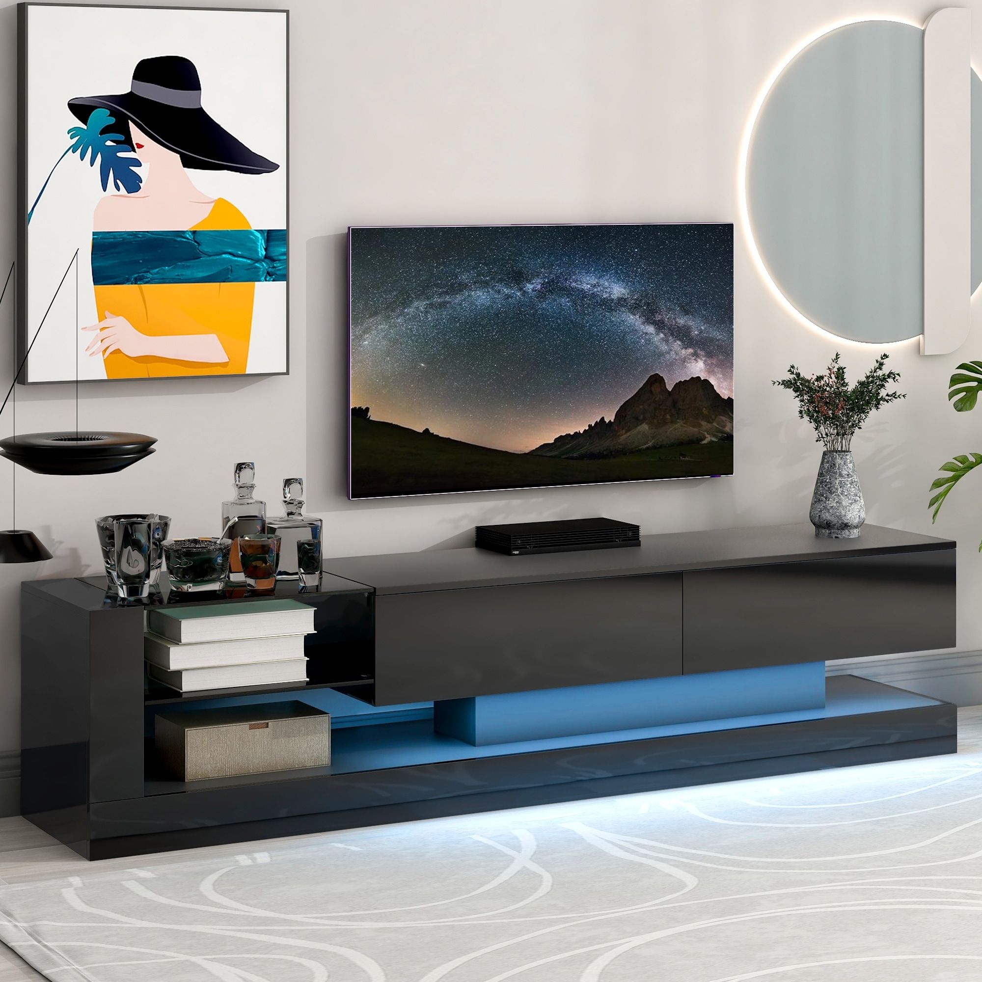 Modern Minimalist Style 70" Tv Stand With 16 Color Rgb Led Light & 2 Media  Storage Cabinets, Classic Tv Cabinet For Living Room – Bed Bath & Beyond –  37386620 In Modern Stands With Shelves (Photo 9 of 15)