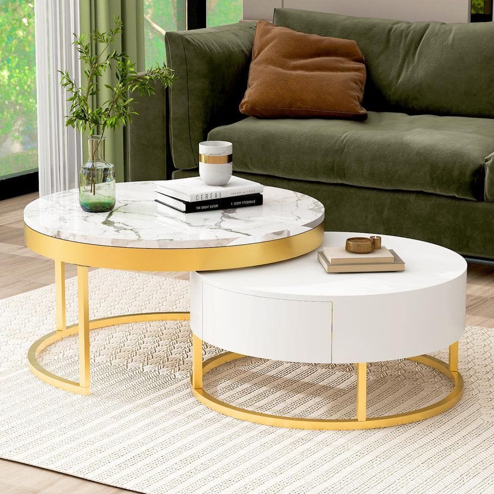 Modern Nesting 31.5 In. Golden White Round Mdf Lift Top Coffee Table With  Drawers Yymd Ca 16 – The Home Depot Inside Round Coffee Tables With Storage (Photo 12 of 15)