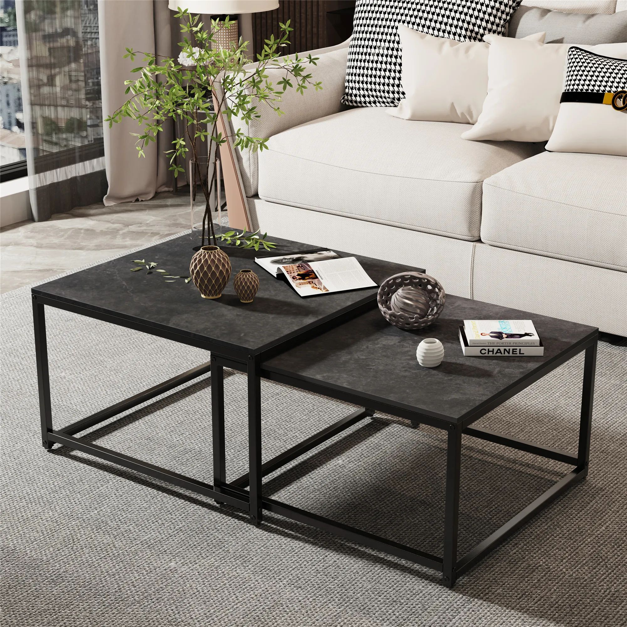 Modern Nesting Coffee Table Set Of 2 For Living Room Center Office, Square  Marble Cocktail Table With Stackable, White/Black – Aliexpress For Modern Nesting Coffee Tables (View 13 of 15)