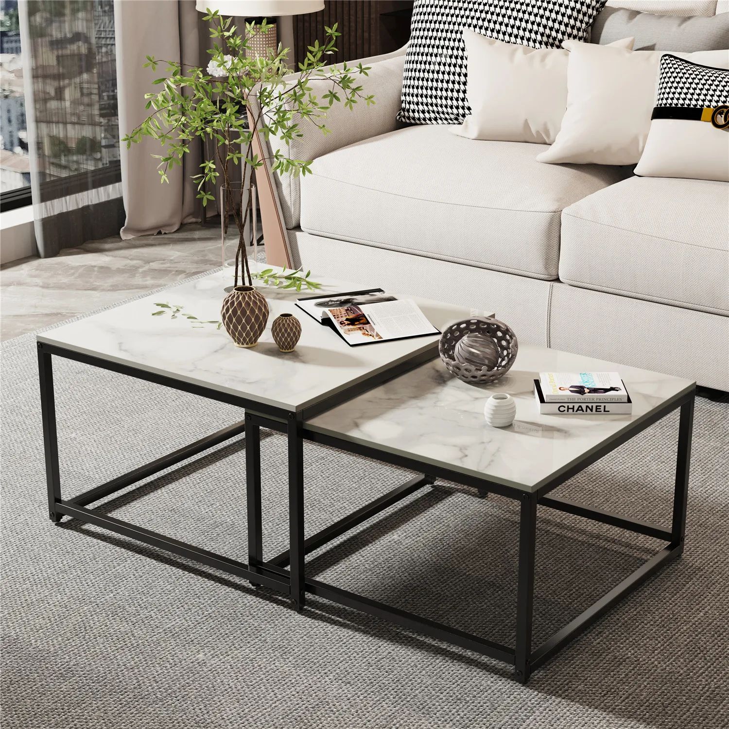 Modern Nesting Coffee Table Set Of 2 For Living Room Center Office, Square  Marble Cocktail Table With Stackable, White/Black – Aliexpress Intended For Modern Nesting Coffee Tables (Photo 10 of 15)