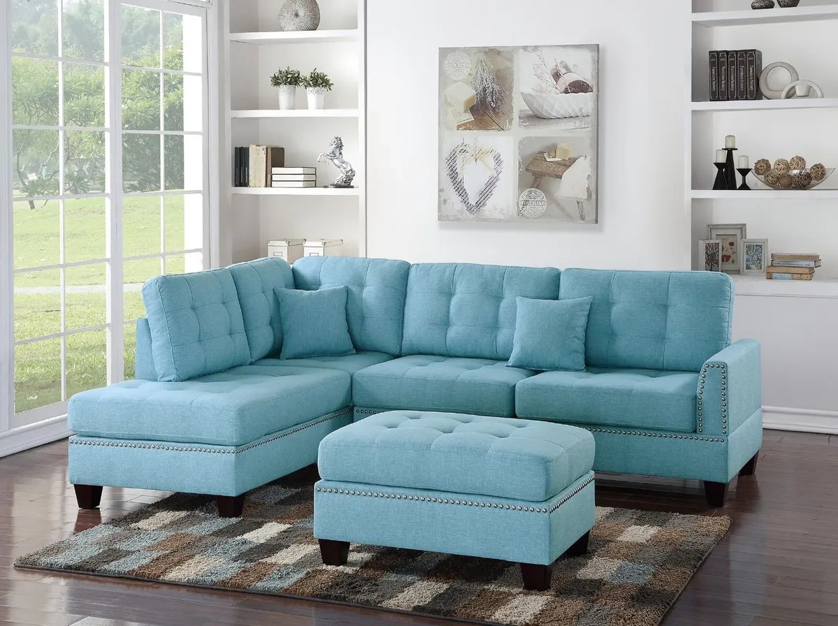 Modern Sectional Sofa L Shaped Couch Tufted Nailhead Trim Ottoman Blue Linen  | Ebay Intended For Modern Blue Linen Sofas (Photo 13 of 15)