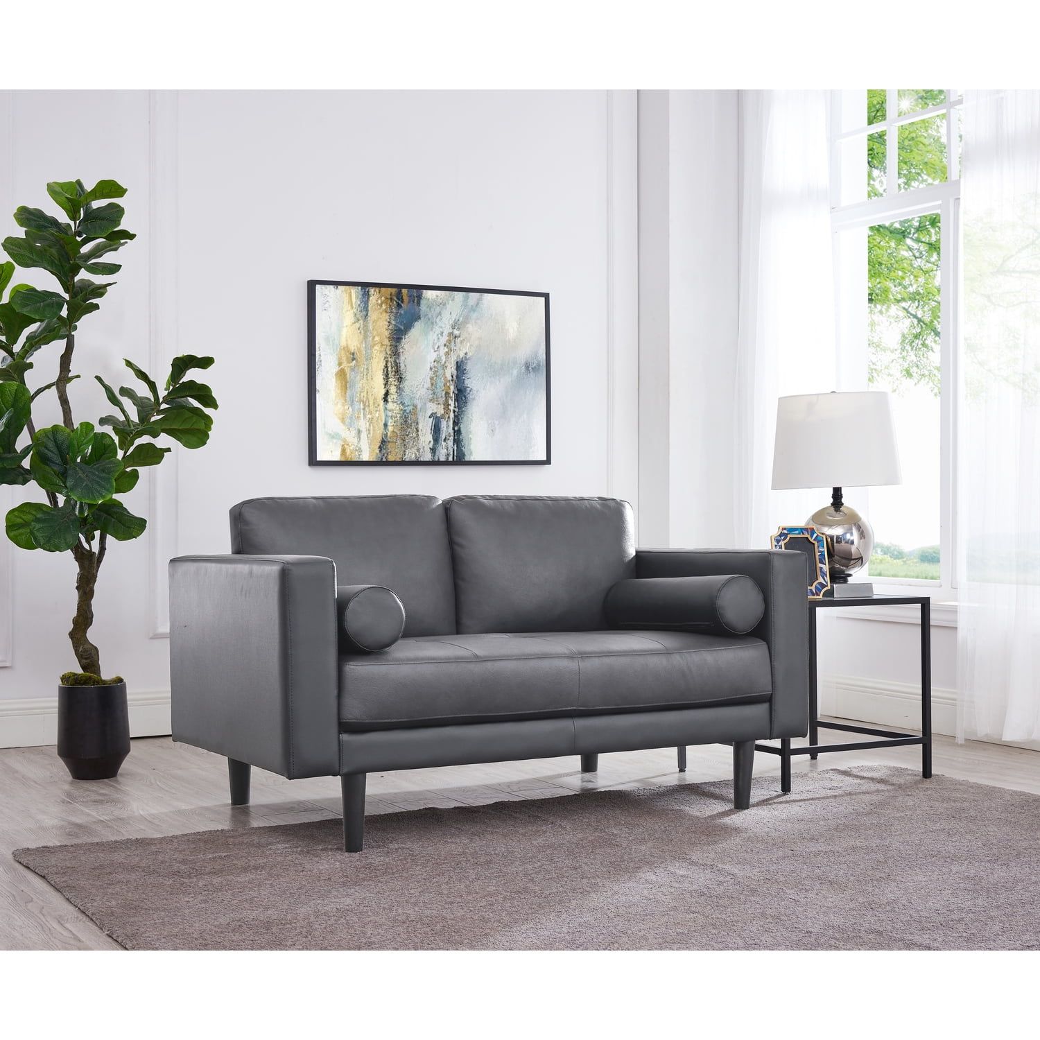 Modern Top Grain Leather Loveseat In Gray, Loveseat Sofa Couch For Bedroom,  Living Room Furniture, Space Saving 2 Seater Couch For Living Room,  Bedroom, Apartment, Small Spaces, Gray – Walmart Intended For Top Grain Leather Loveseats (View 5 of 15)