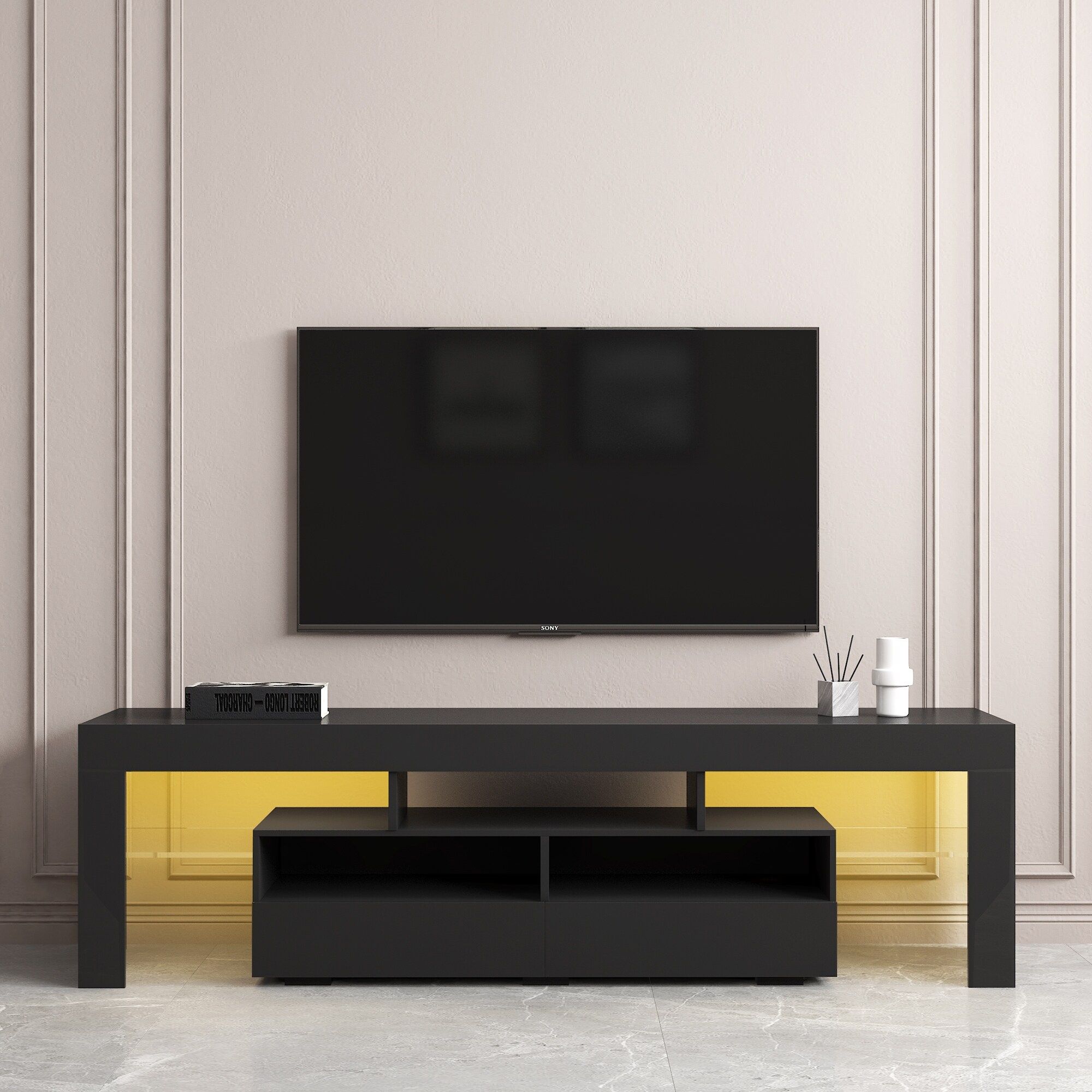 Modern Tv Stand With 2 Drawers, 2 Open Shelves And Rgb Led Lights – 63"  Black Cabinet For Living Room – Bed Bath & Beyond – 37530008 Within Rgb Entertainment Centers Black (View 12 of 15)
