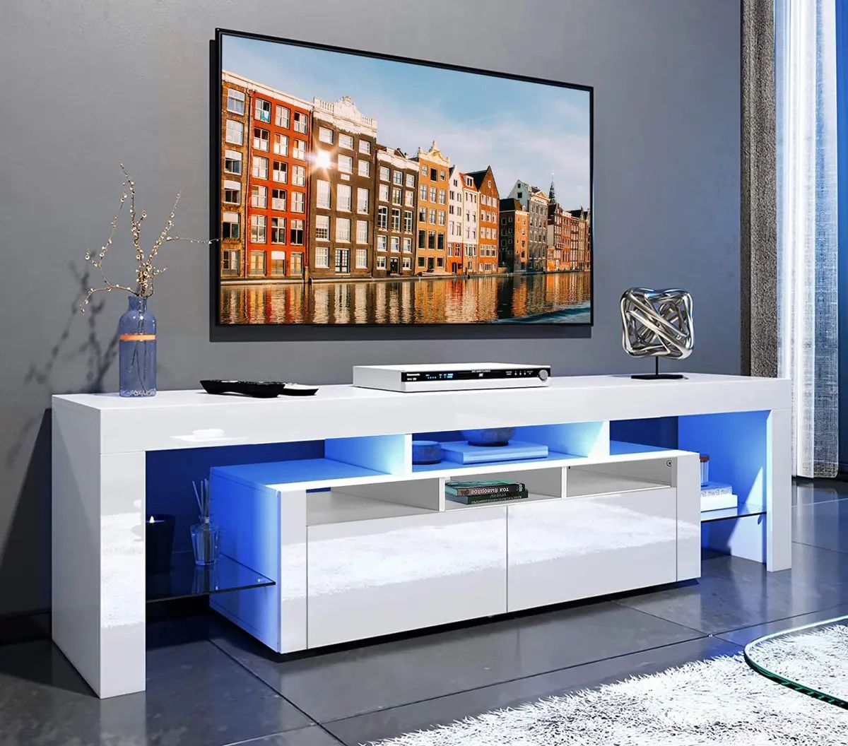 Modern Tv Unit Cabinet White Led Tv Stand High Gloss Doors Living Room Rgb  Light | Ebay For White Tv Stands Entertainment Center (View 7 of 15)
