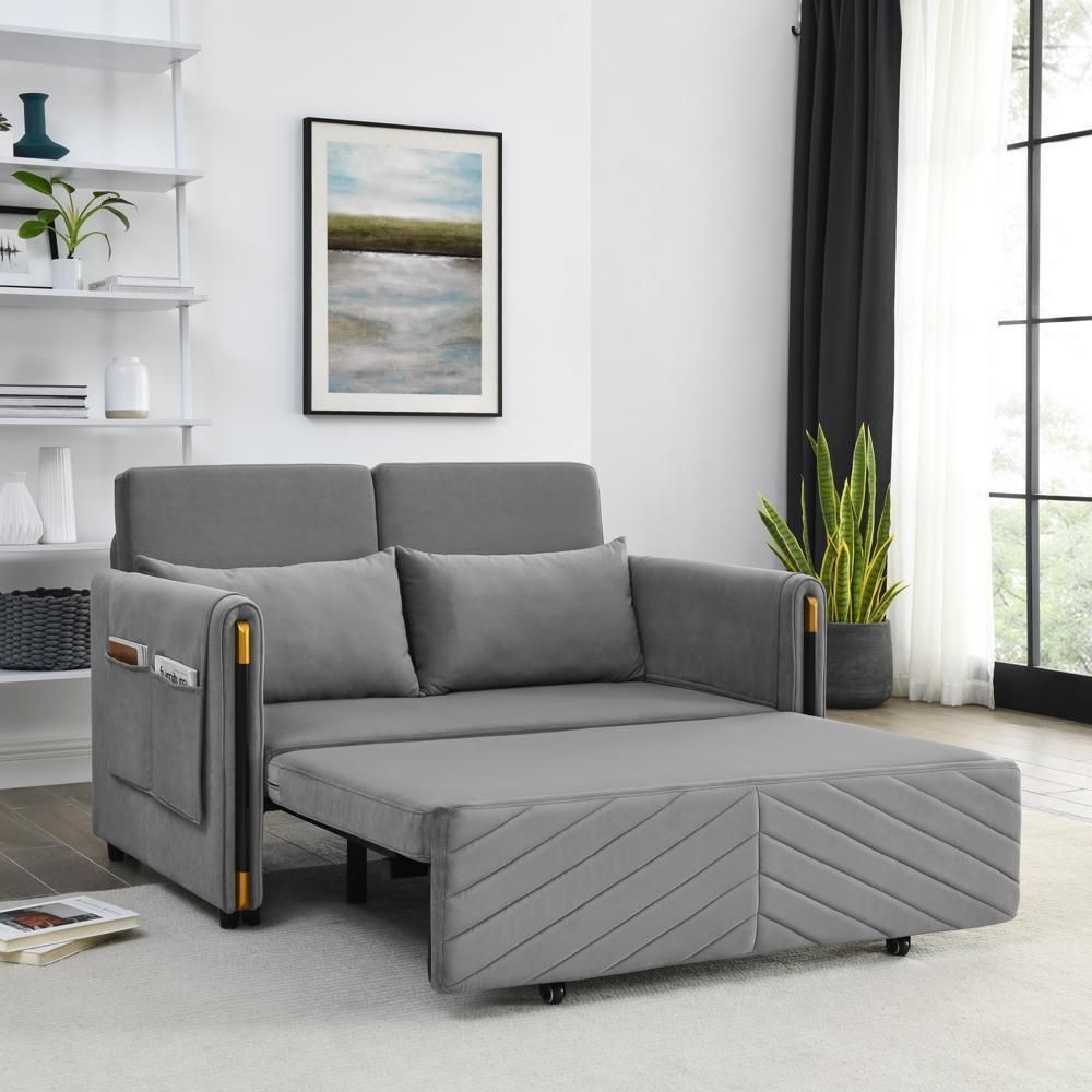 Modern Velvet Convertible Sofa Bed With 2 Detachable Arm Pockets 2 Pillows  Grey | Ebay Throughout 2 In 1 Gray Pull Out Sofa Beds (Photo 15 of 15)