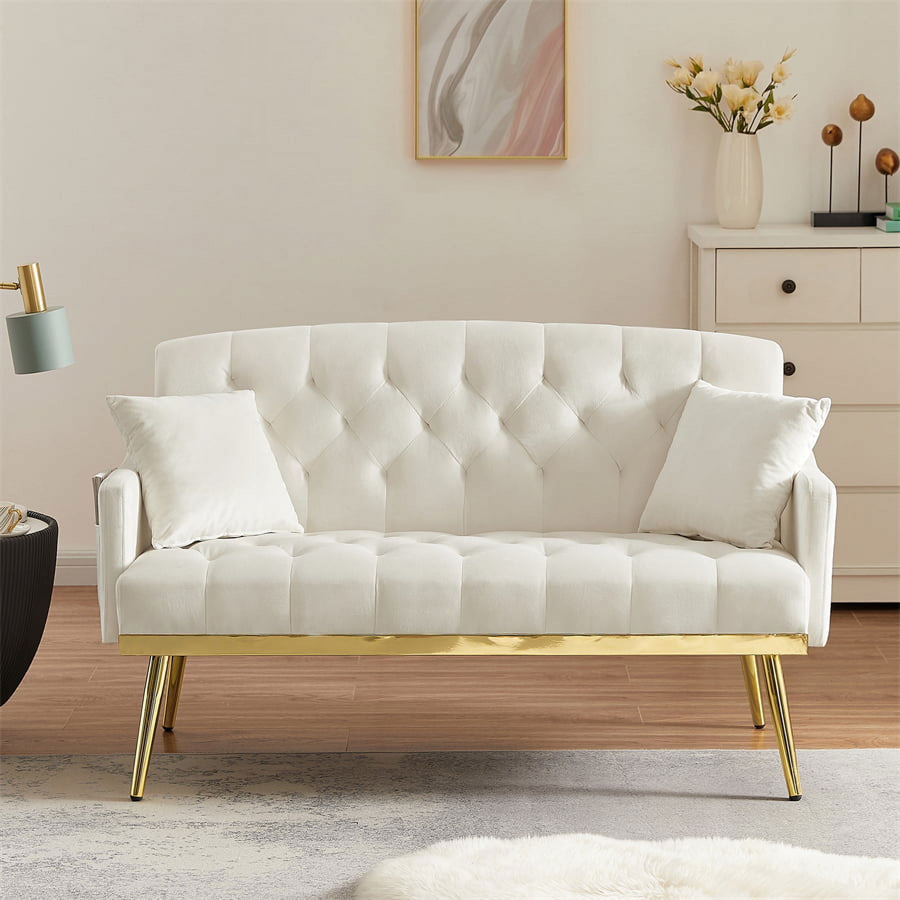 Modern Velvet Small Loveseat Sofa, Comfy 2 Seater Tufted Back Accent Sofa  Couch With Metal Gold Legs And 2 Pillows For Living Room, Compact Living  Space, Apartment, White – Walmart With Regard To Small Love Seats In Velvet (Photo 2 of 15)
