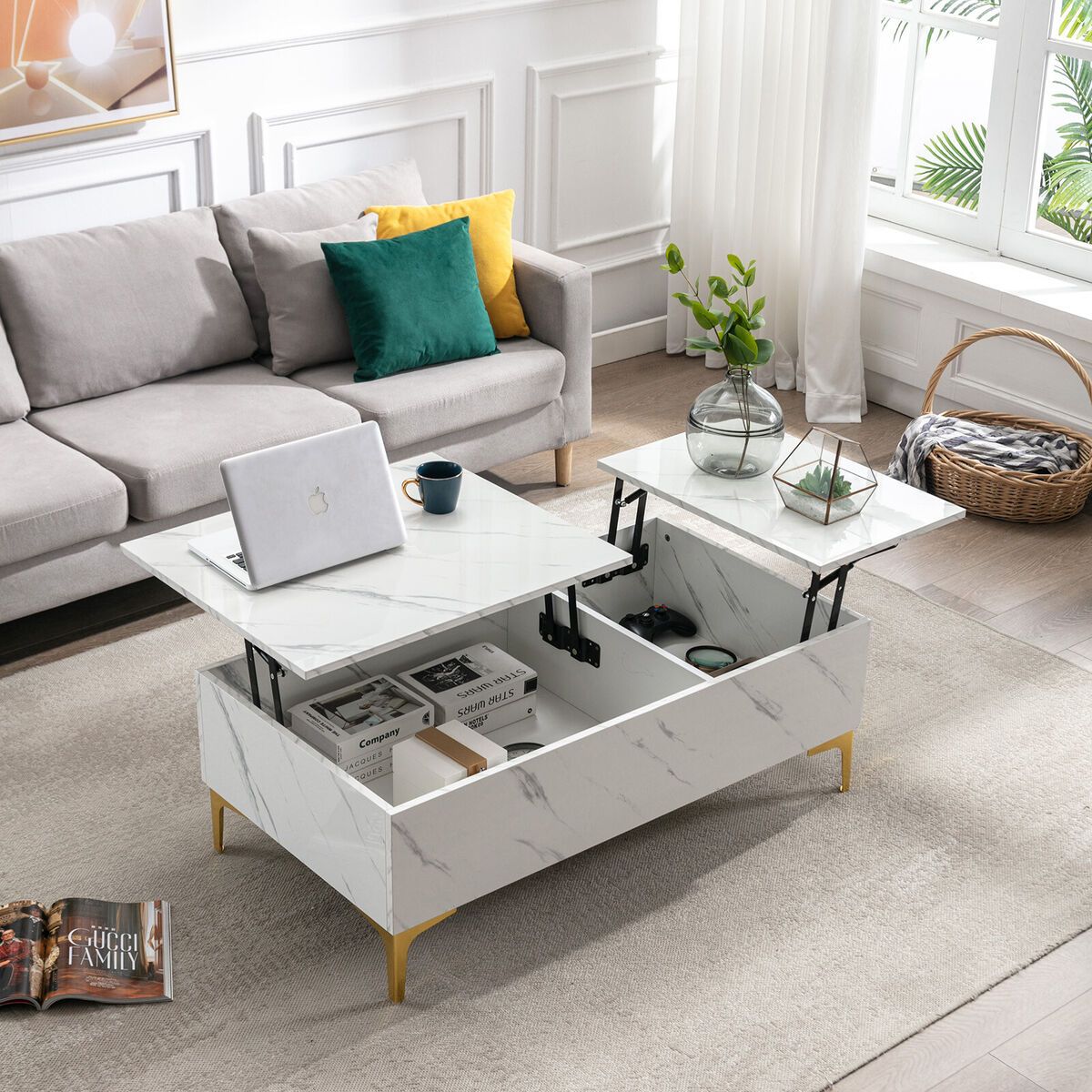 Modern White 43" High Gloss Marble Print Lift Top Coffee Table Rectangle  Storage | Ebay Intended For High Gloss Lift Top Coffee Tables (Photo 1 of 15)