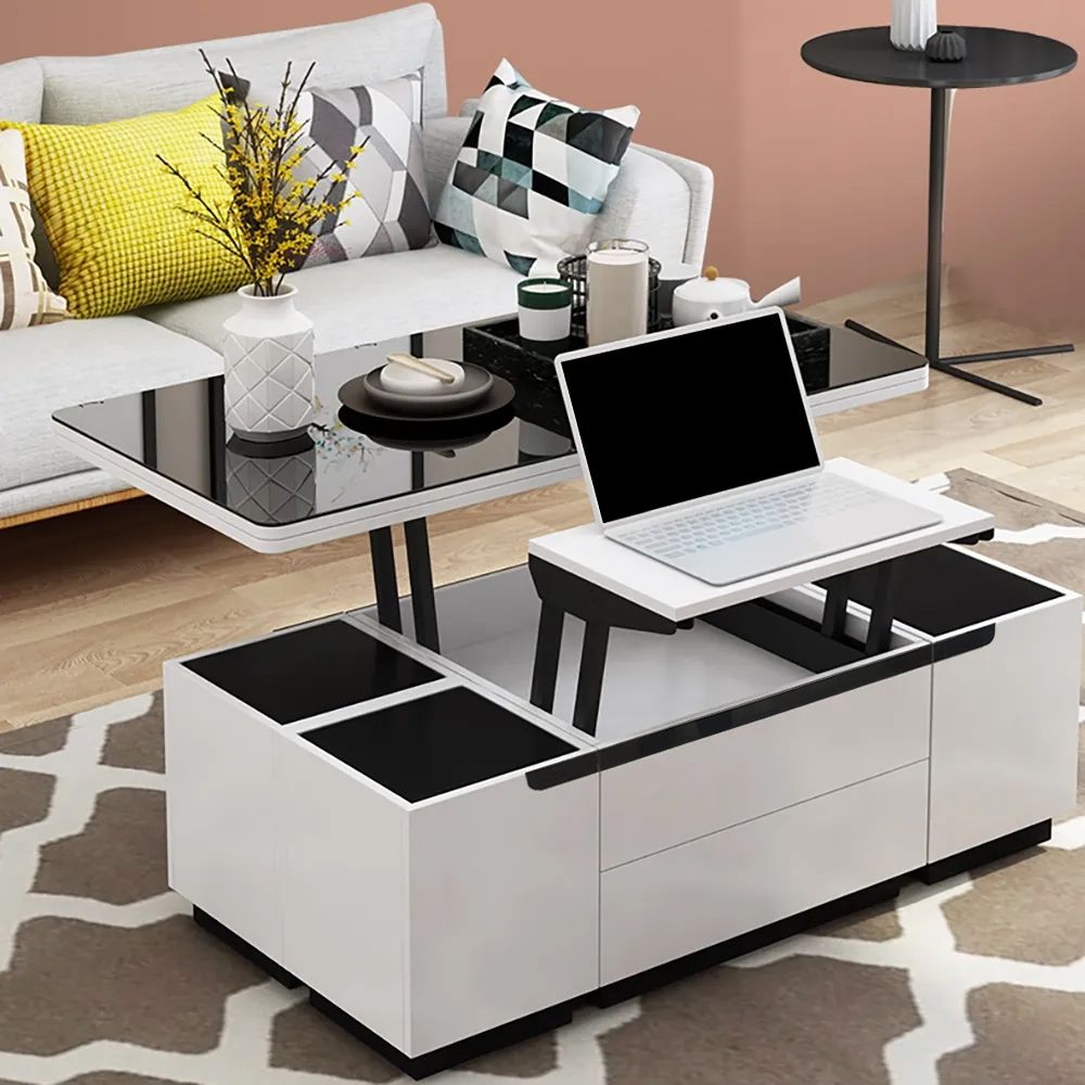 Modern White Lift Top Glass Coffee Table With Drawers & Storage  Multifunction Table | Homary Regarding Lift Top Coffee Tables With Storage (View 15 of 15)