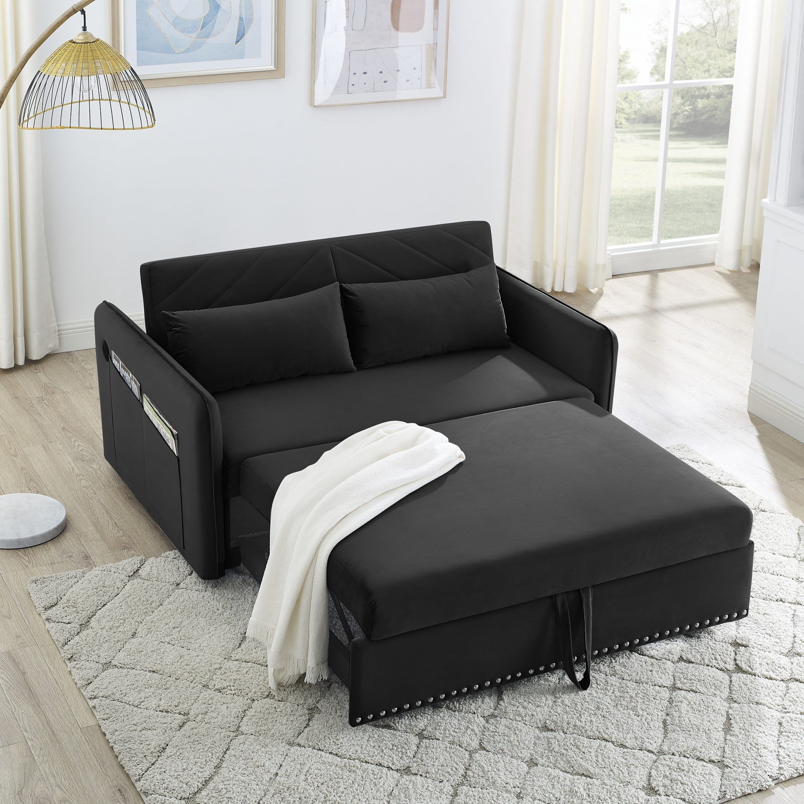Momspeace 3 In 1 Sleeper Sofa Couch Bed With 2 Usb Ports, 55" Velvet  Convertible Loveseat With Pull Out Sofa Bed For Living Room – Black –  Walmart With Regard To 3 In 1 Gray Pull Out Sleeper Sofas (Photo 7 of 15)