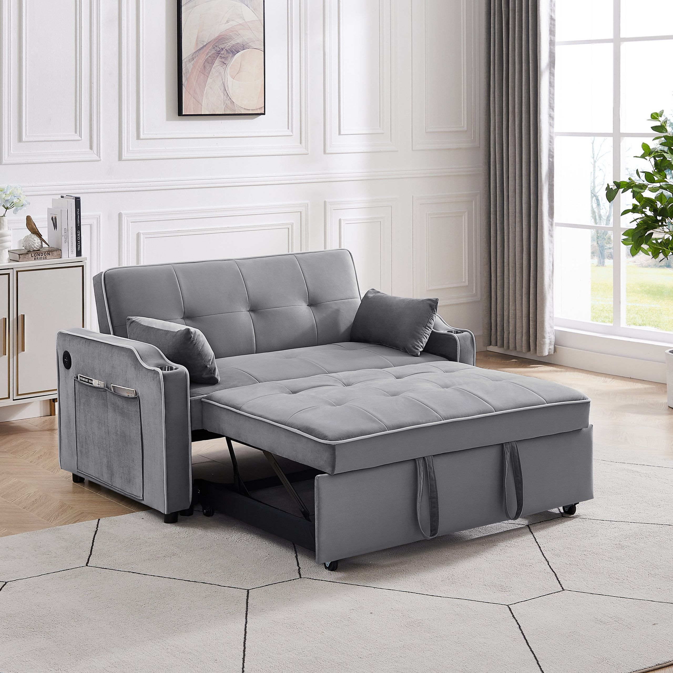 Momspeace Convertible Loveseat Sleeper With Cup Holders, Usb Ports And Side  Pockets, Gray – Walmart Inside Convertible Gray Loveseat Sleepers (View 3 of 15)