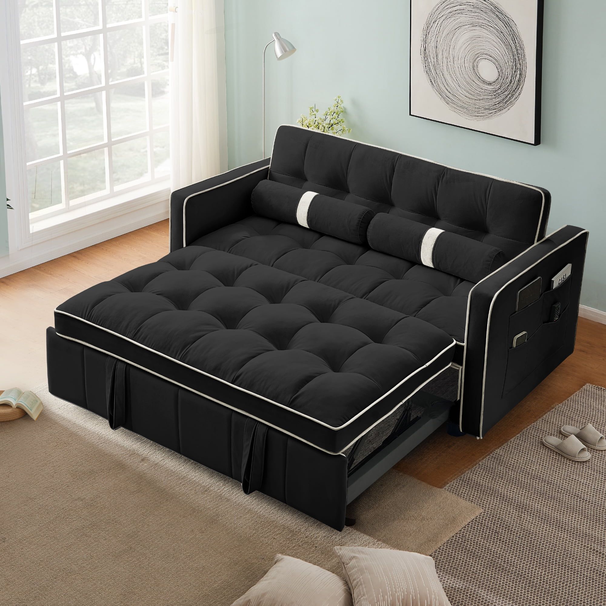 Muumblus 55.5" Pull Out Sofa Bed 2 Seater Loveseats Sleeper Convertible  Futon Sofa Bed With Adjsutable Backrest, Modern Velvet Sofa Couch For  Living Room, Black – Walmart For 2 Seater Black Velvet Sofa Beds (Photo 5 of 15)