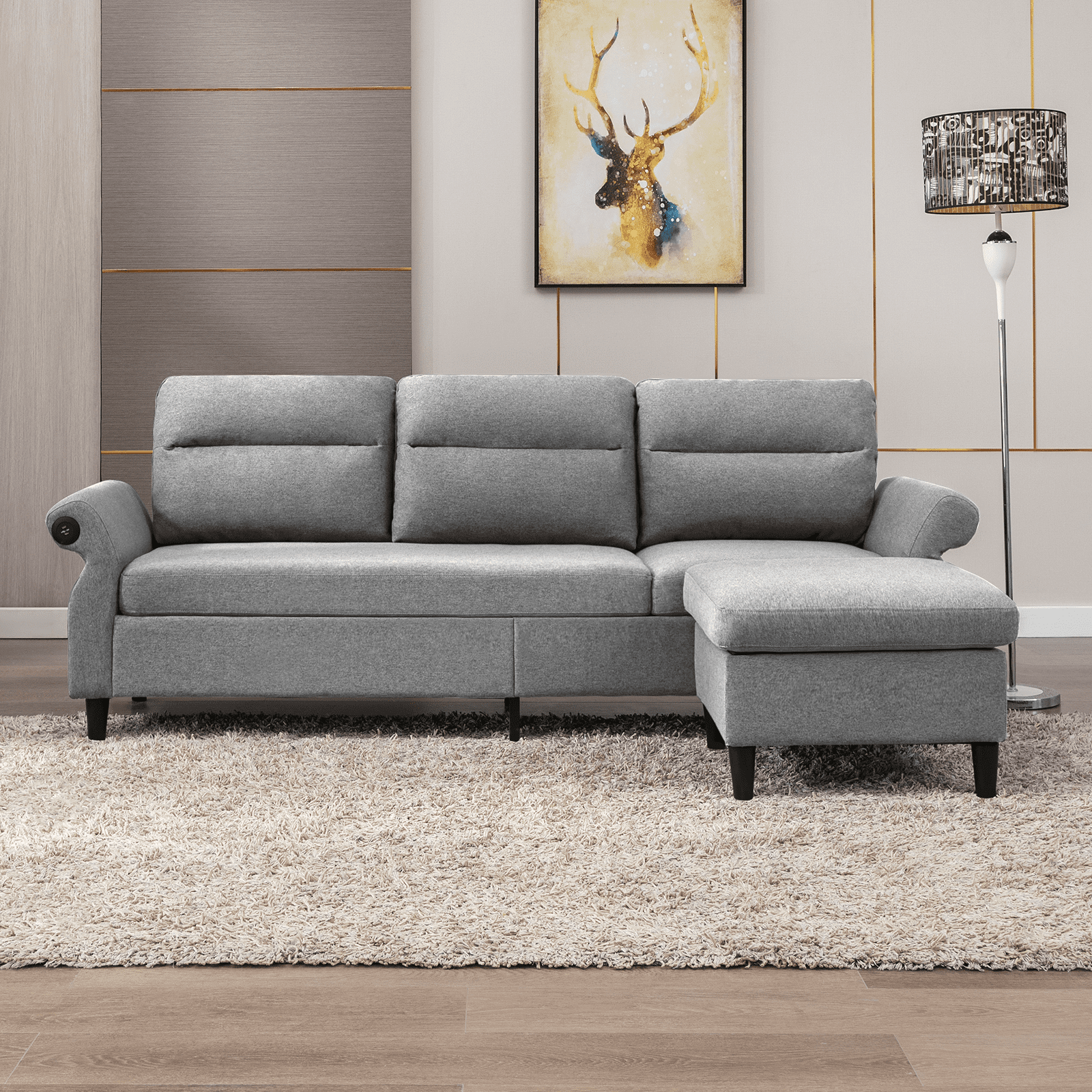 Muzz Convertible Sectional Sofa Couch, 3 Seat L Shape Sofa Couch With 2 Usb  Ports And Adjustable Armrest, Small Reversible Sectional Couches With  Ottoman For Living Room, Apartment, Light Grey – Walmart Regarding 3 Seat Convertible Sectional Sofas (View 15 of 15)
