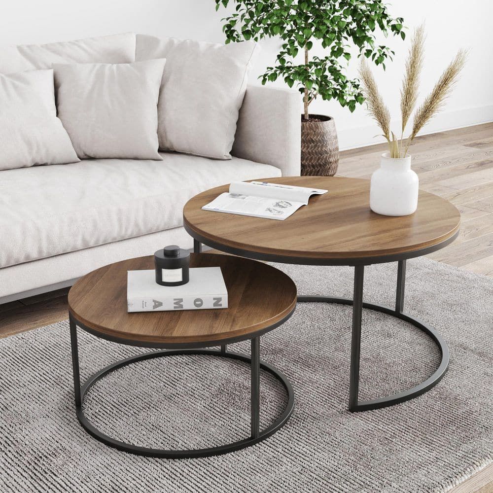 Nathan James Stella Reclaimed Oak/Black Round Modern Nesting Stacking  Accent Industrial Wood Metal Cocktail Coffee Table (Set Of 2) 34002 – The  Home Depot Throughout Nesting Coffee Tables (View 7 of 15)
