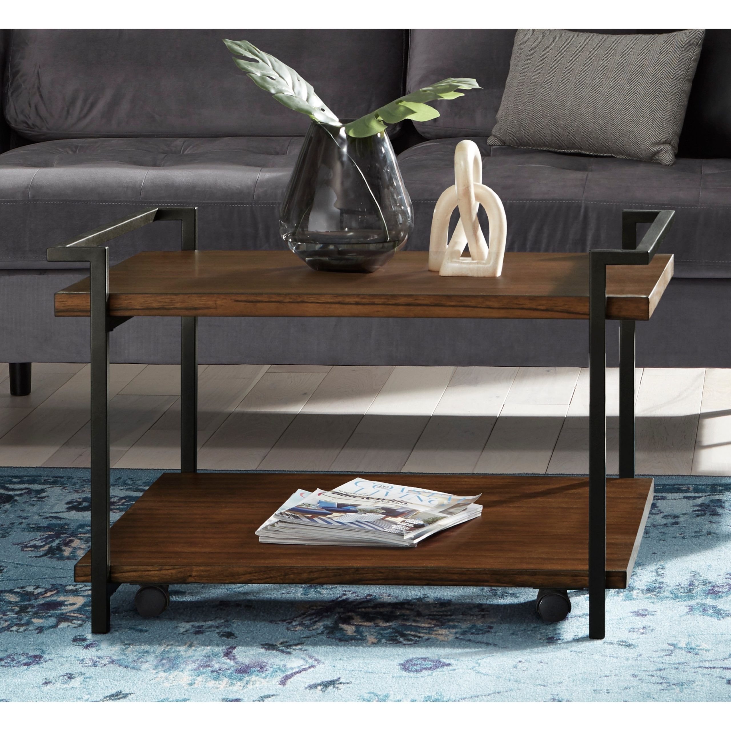 Natural Solid Wood And Metal Coffee Table With Shelves – Bed Bath & Beyond  – 32046820 Throughout Coffee Tables With Casters (View 12 of 15)