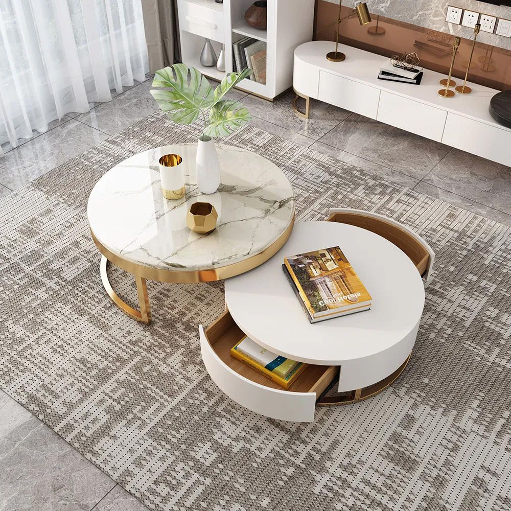 Nesnesis Modern Round Sintered Stone Nesting Wood Coffee Table With Drawers  In Whitehomary | Ufurnish With Regard To Modern Round Faux Marble Coffee Tables (Photo 14 of 15)