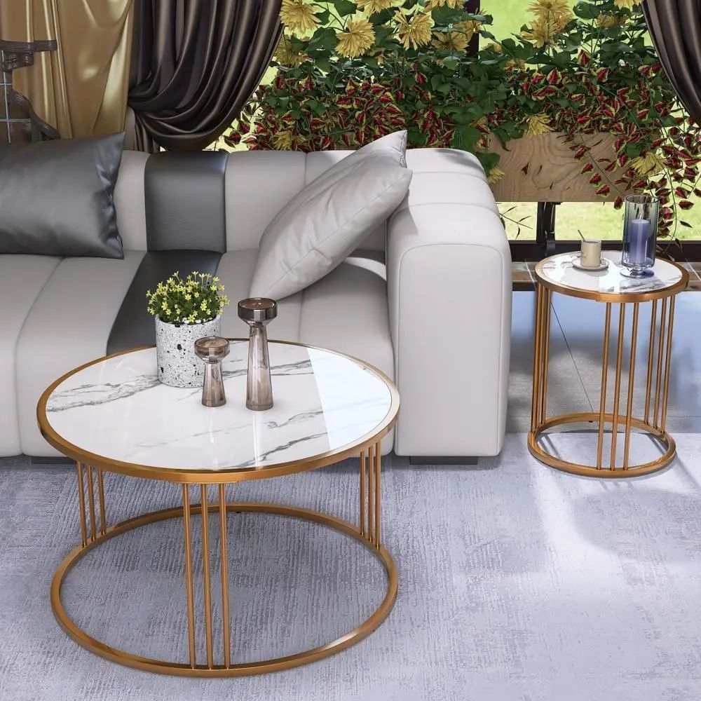 New Practical Modern Coffee Table 2Pcs Round Slate Coffee Table With Steel  Frame | Ebay With Regard To Round Coffee Tables With Steel Frames (Photo 2 of 15)