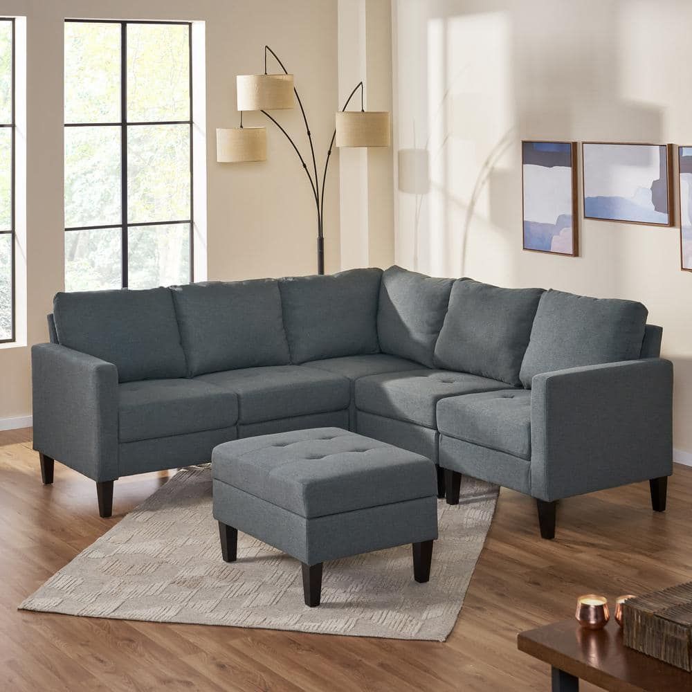 Noble House 6 Piece Dark Gray Polyester 4 Seater L Shaped Sectional Sofa  With Ottoman 12162 – The Home Depot For Sofas In Dark Gray (View 4 of 15)